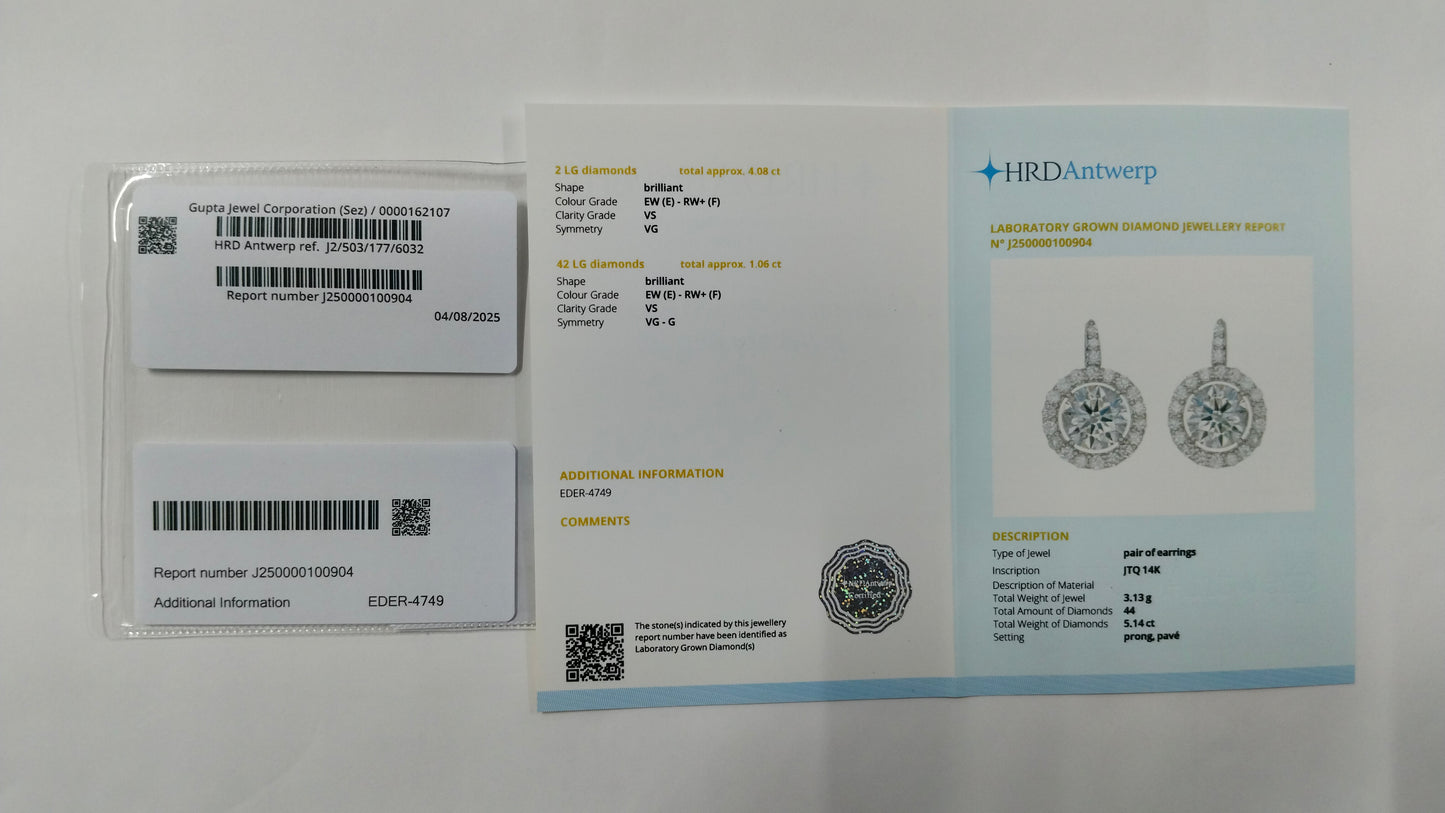5.14 Carats Lab Grown Diamond 14K Gold Earrings