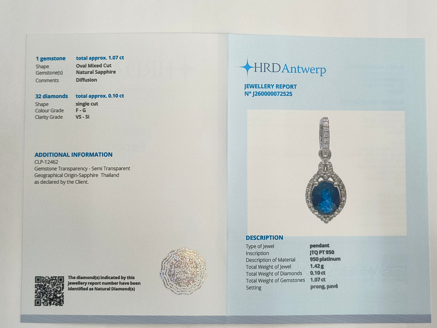 1.17 Ct Oval Mixed Cut Natural Sapphire 950 Platinum Pendant