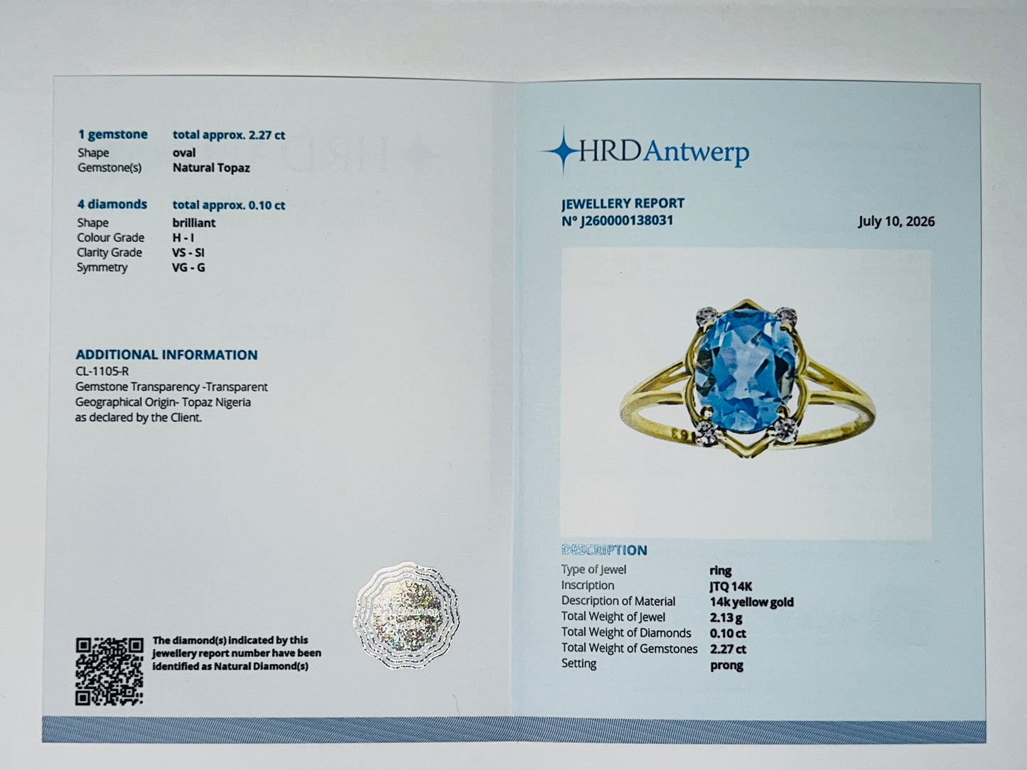 2.37 Ct Oval Natural Topaz 14K Gold Ring