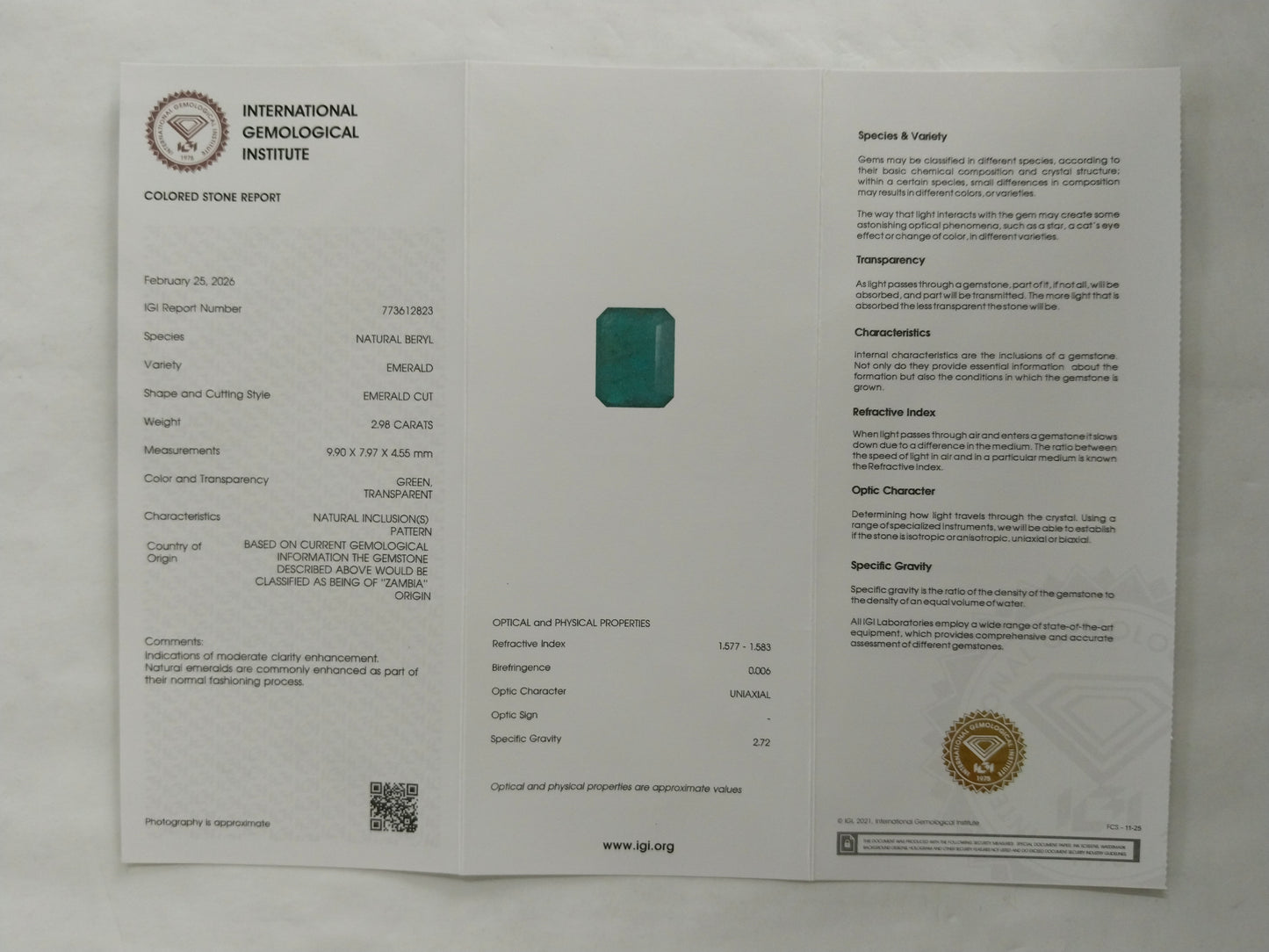 2.98 Natural Beryl Emerald Emerald Cut Gemstone