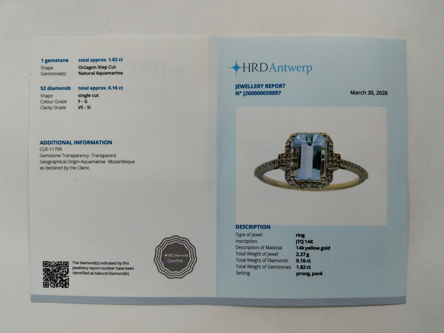 1.98 Ct Octagon Step Cut Natural Aquamarine 14K Gold Ring