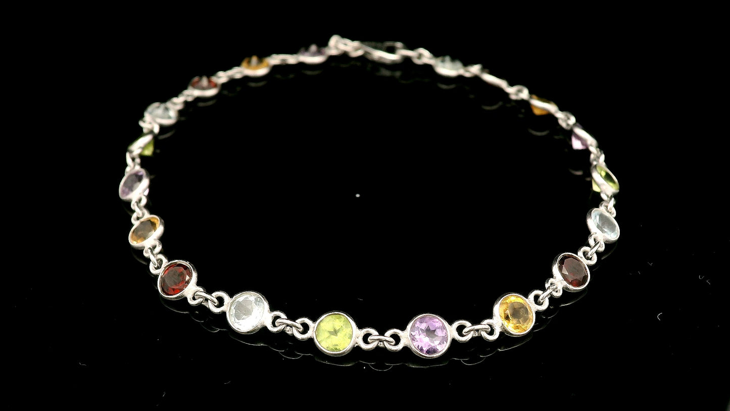 5.58 Ct Round Garnet, Peridot, Blue Topaz, Citrine, Amethyst 925 Sterling Silver Bracelet