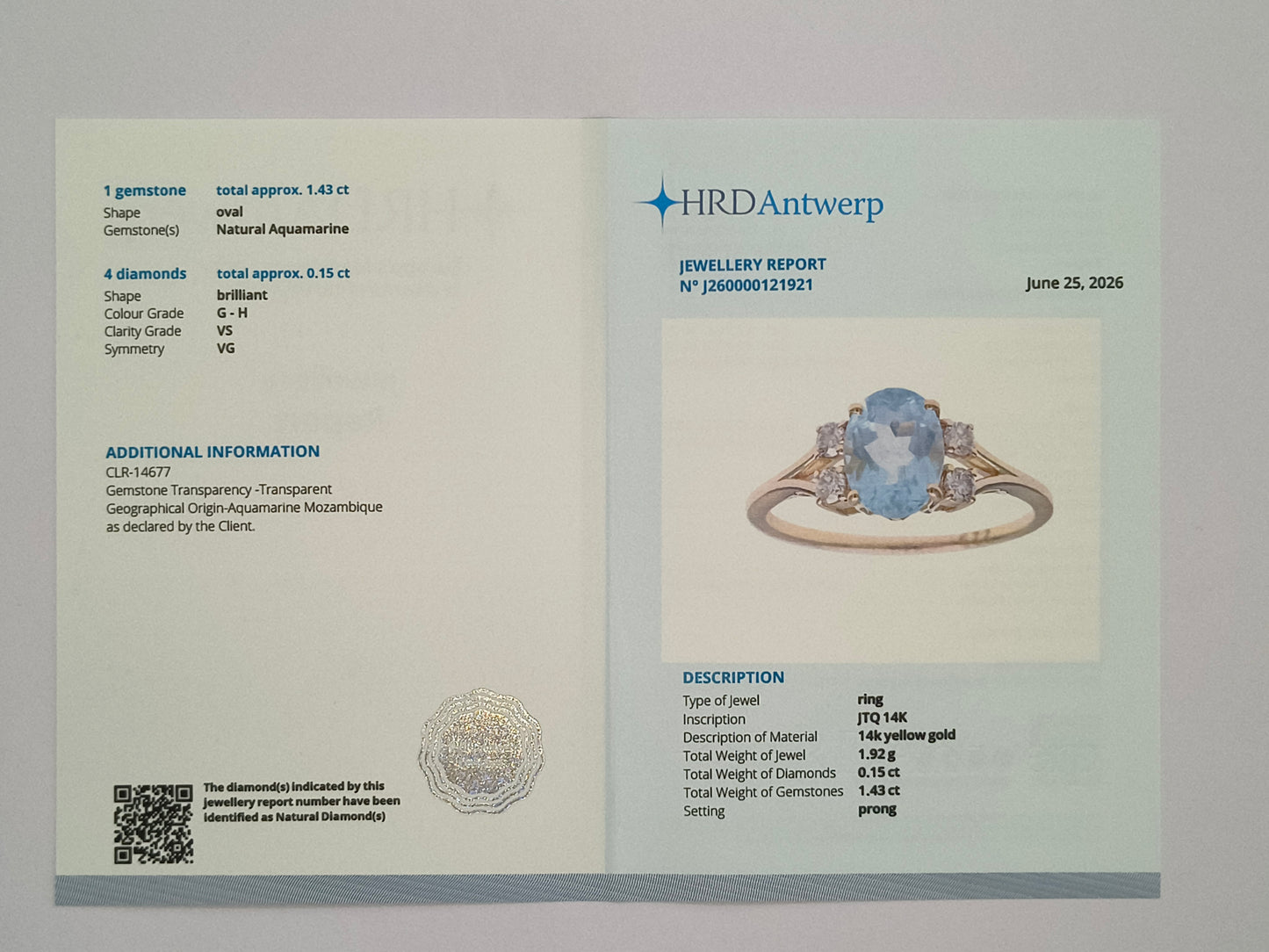 1.58 Ct Oval Natural Aquamarine 14K Gold Ring