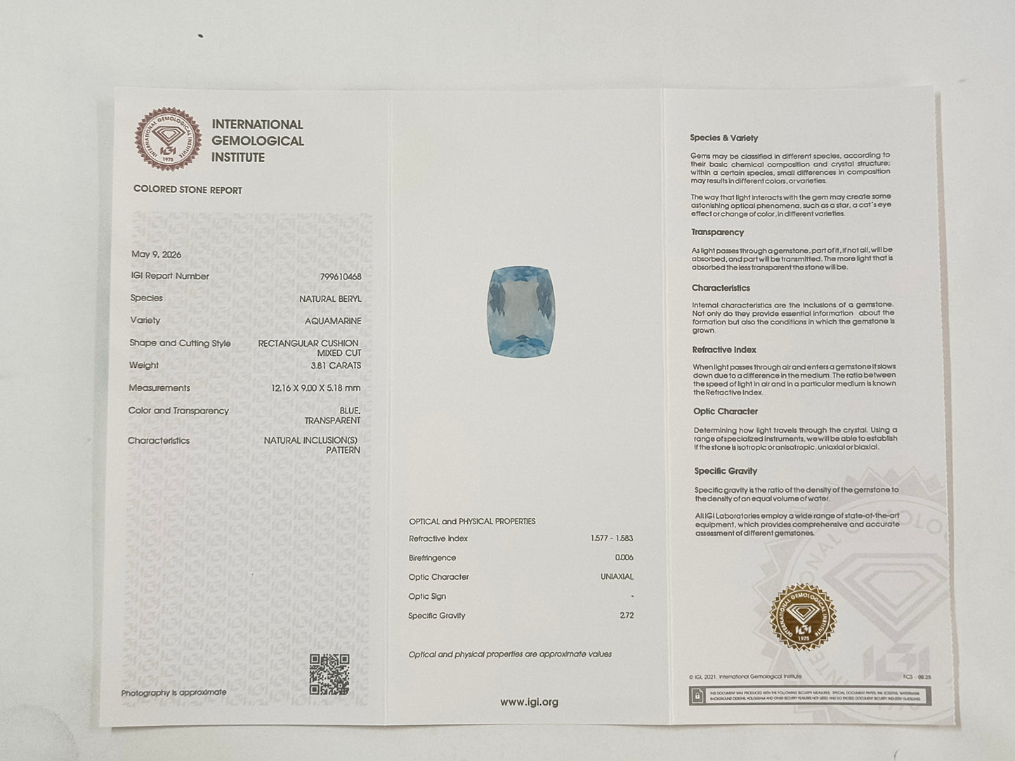 3.81 Natural Beryl Aquamarine Rectangular Cushion Mixed Cut Gemstone