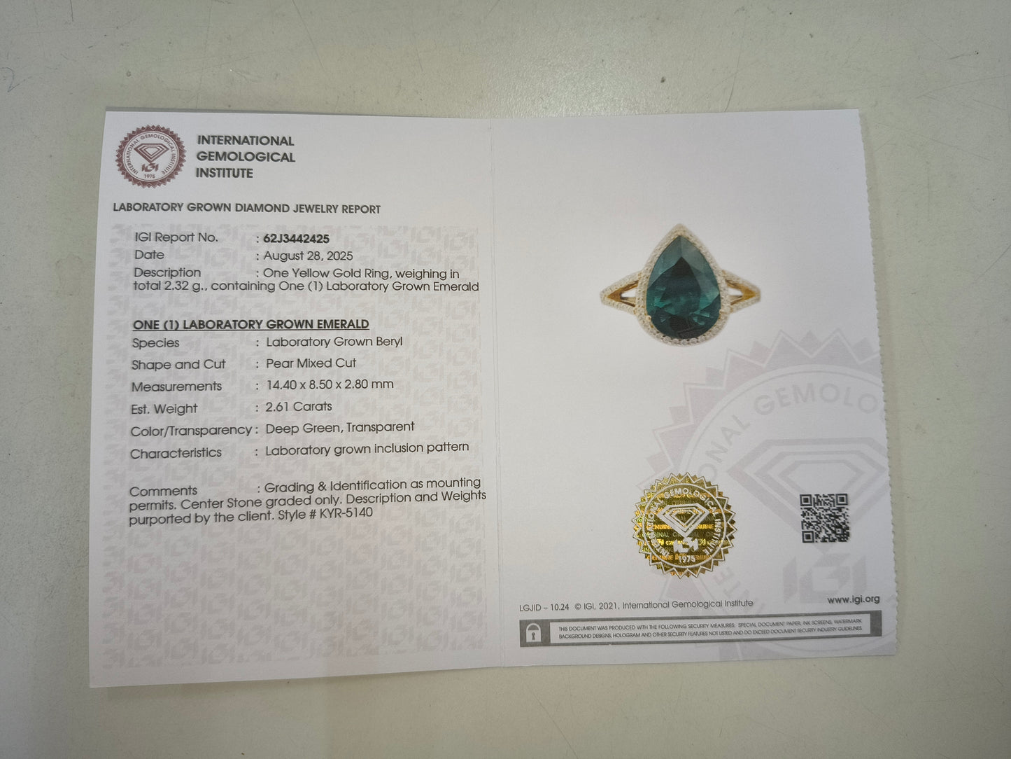 2.84 Ct Pear Mixed Cut Lab Grown Emerald 14K Gold Ring