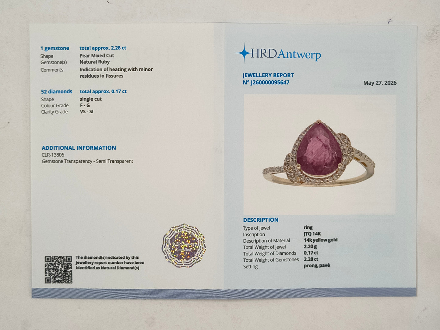 2.45 Ct Pear Mixed Cut Natural Ruby 14K Gold Ring