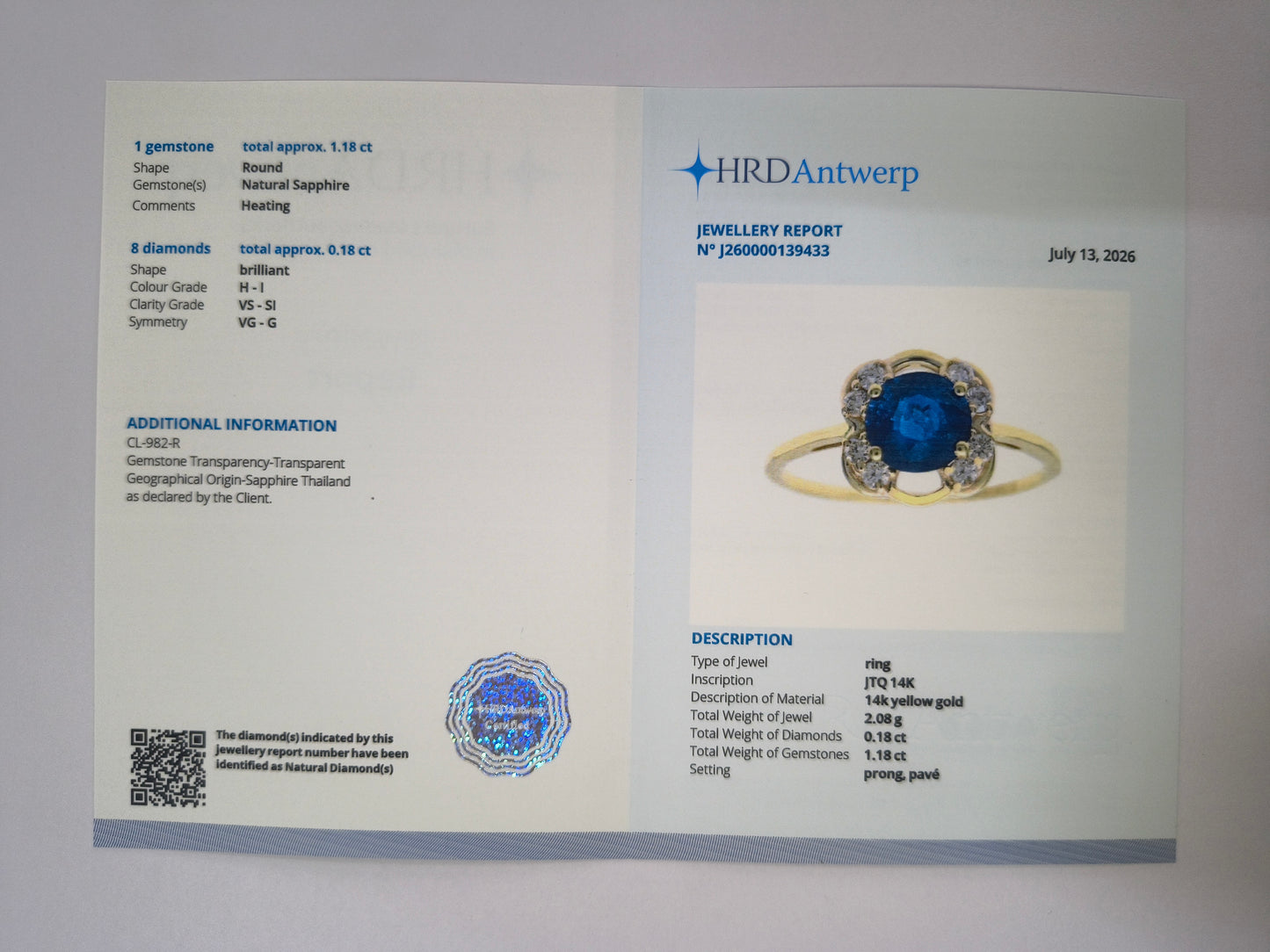 1.36 Ct Round Natural Sapphire 14K Gold Ring