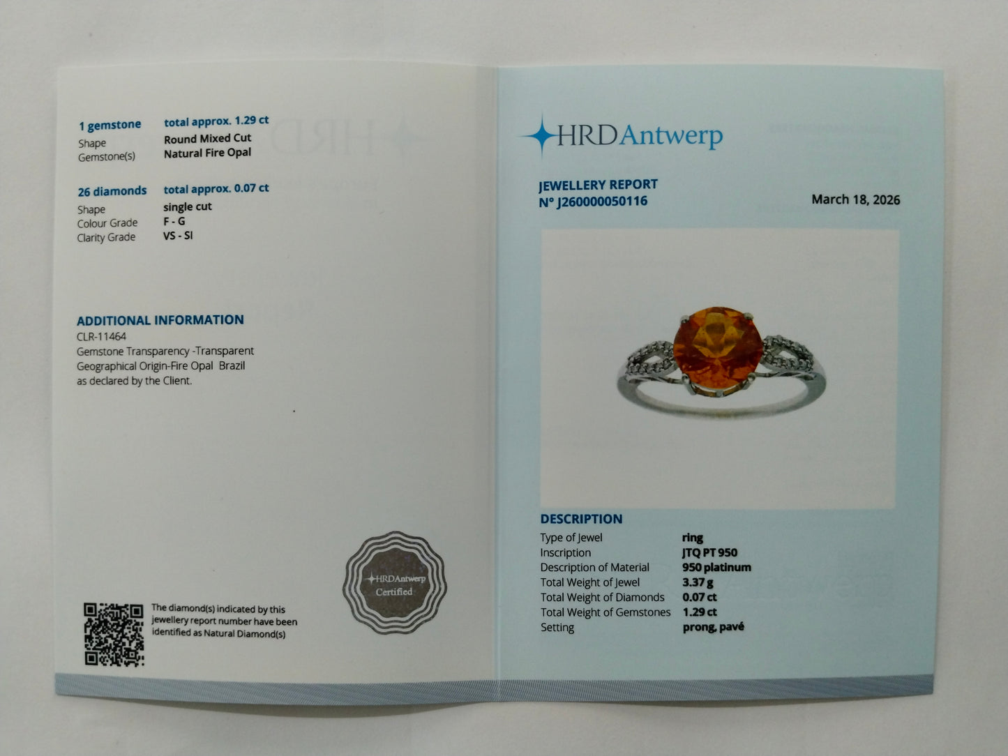 1.36 Ct Round Mixed Cut Natural Fire Opal 950 Platinum Ring