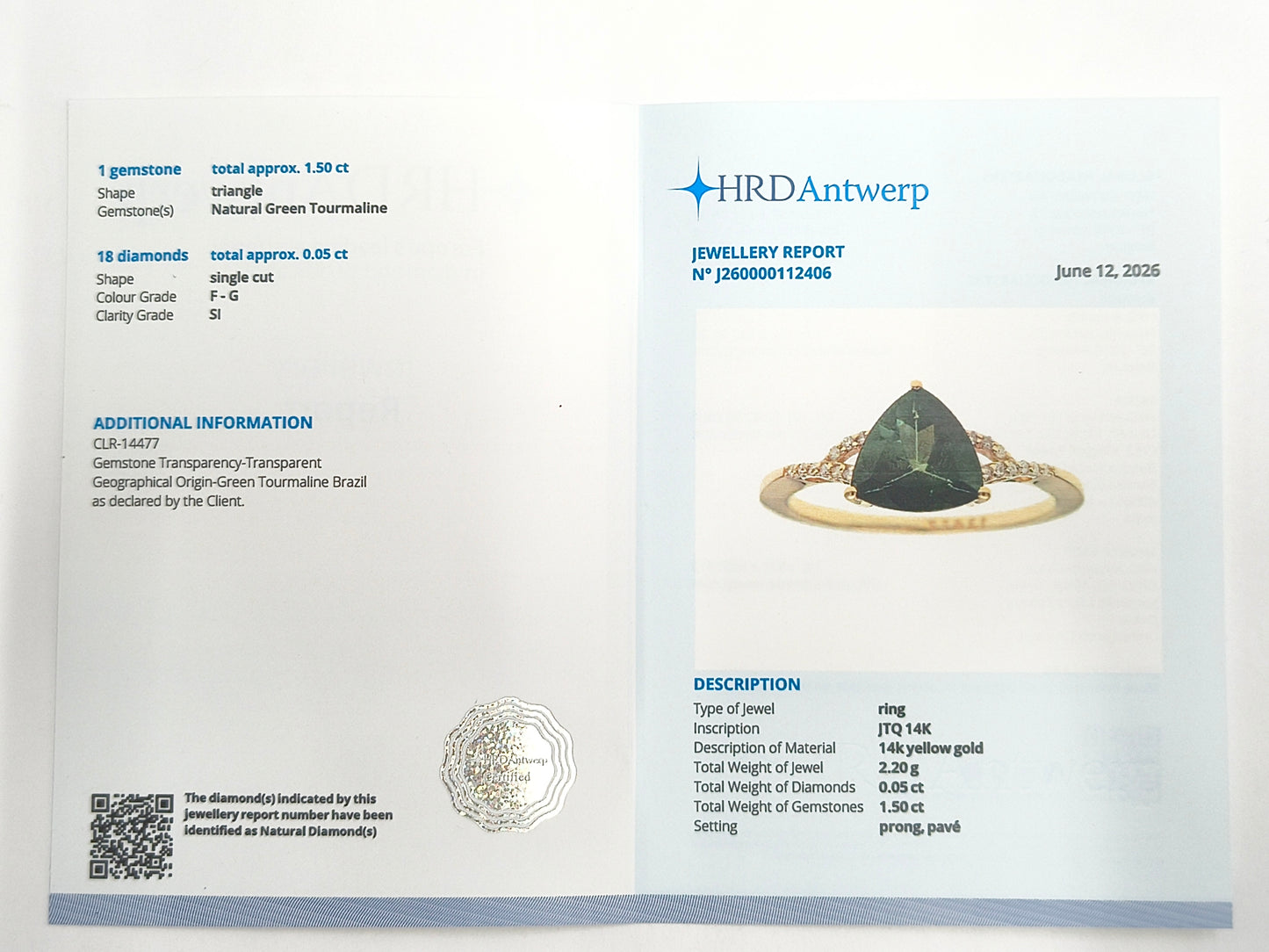 1.55 Ct Triangle Natural Green Tourmaline 14K Gold Ring