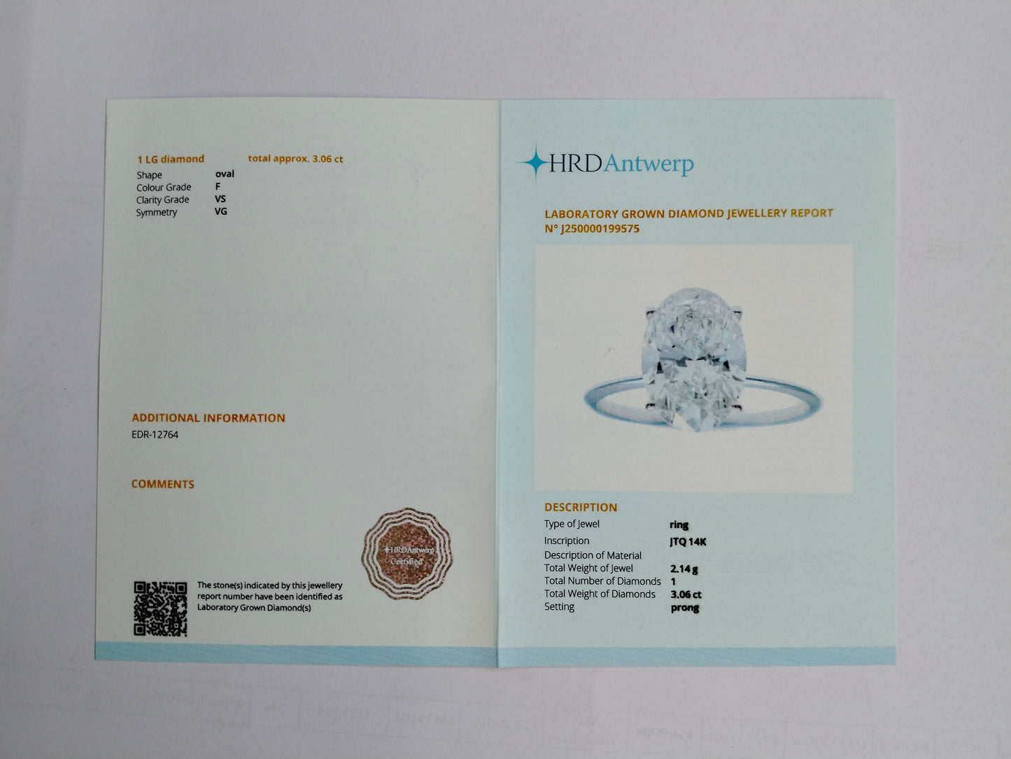 3.06 Carats Lab Grown Diamond 14K Gold Ring