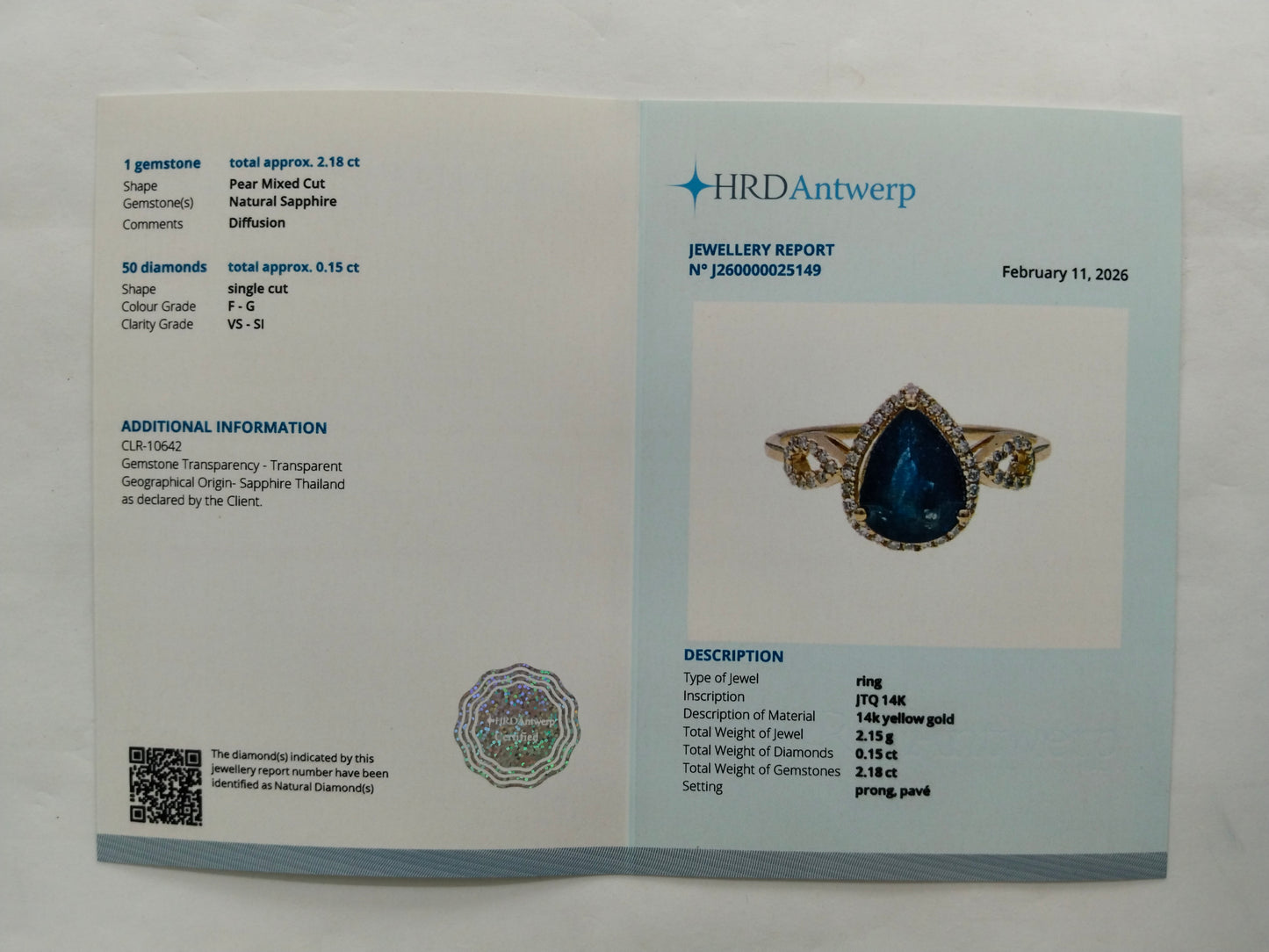 2.33 Ct Pear Mixed Cut Natural Sapphire 14K Gold Ring
