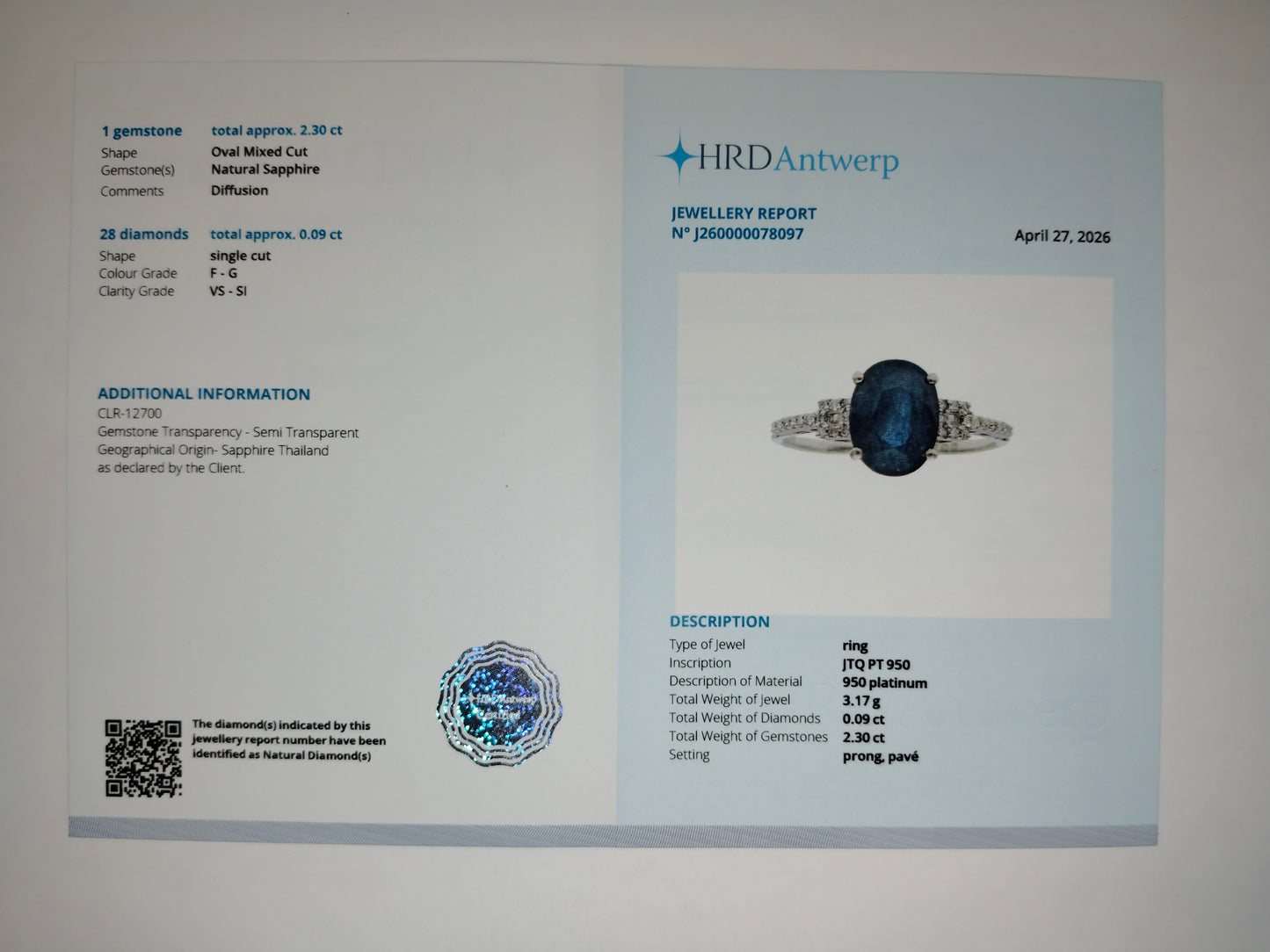 2.39 Ct Oval Mixed Cut Natural Sapphire 950 Platinum Ring