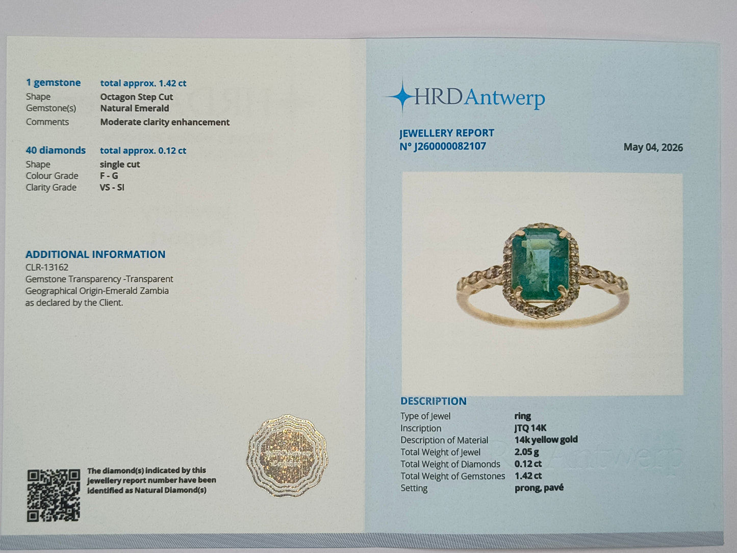 1.54 Ct Octagon Step Cut Natural Emerald 14K Gold Ring