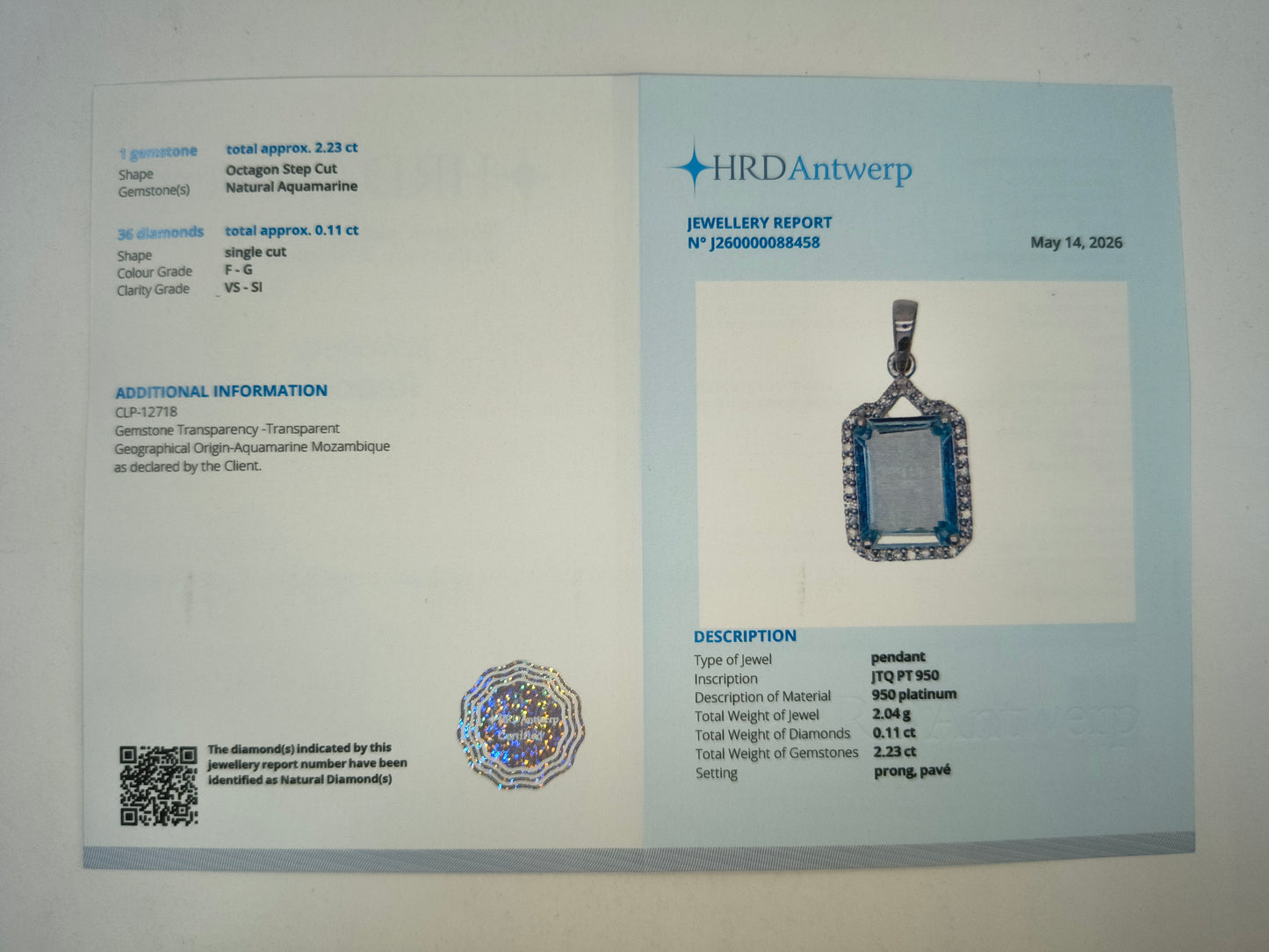 1.57 Ct Octagon Step Cut Natural Aquamarine 950 Platinum Pendant