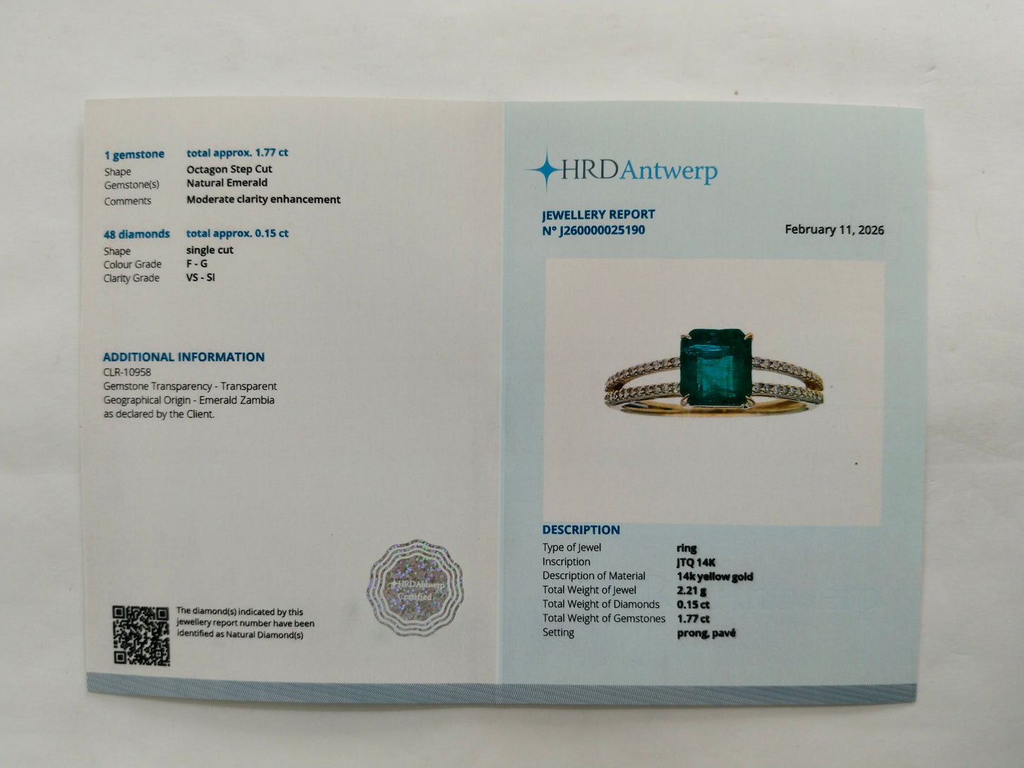 1.92 Ct Octagon Step Cut Natural Emerald 14K Gold Ring