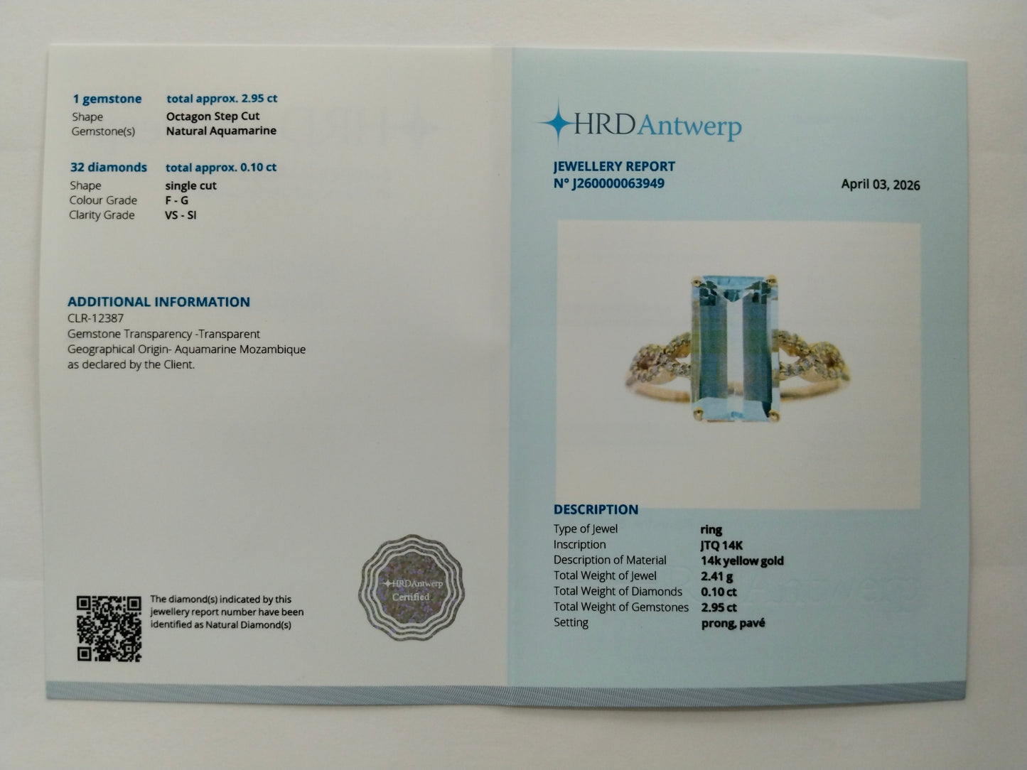 3.05 Ct Octagon Step Cut Natural Aquamarine 14K Gold Ring