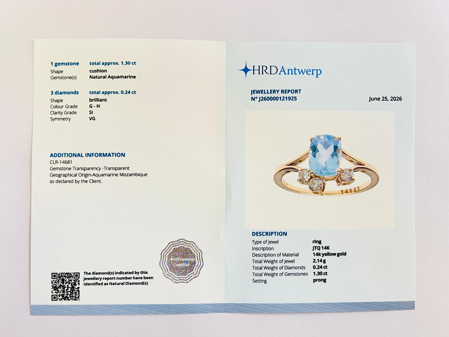 1.54 Ct Cushion Natural Aquamarine 14K Gold Ring