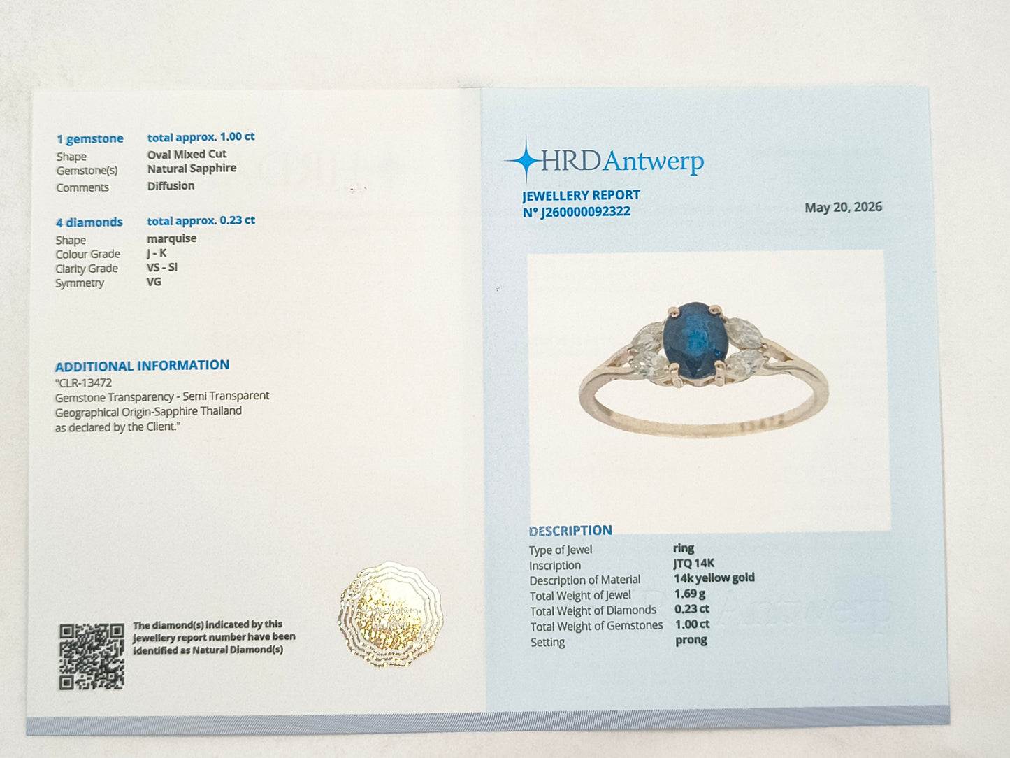 1.23 Ct Oval Sapphire 14K Gold Ring