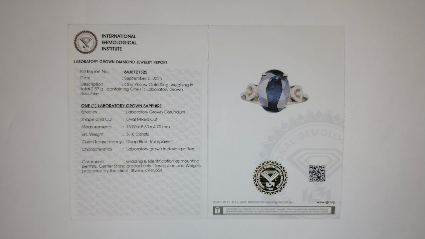 5.30 Ct Oval Mixed Cut Lab Grown Sapphire 14K Gold Ring