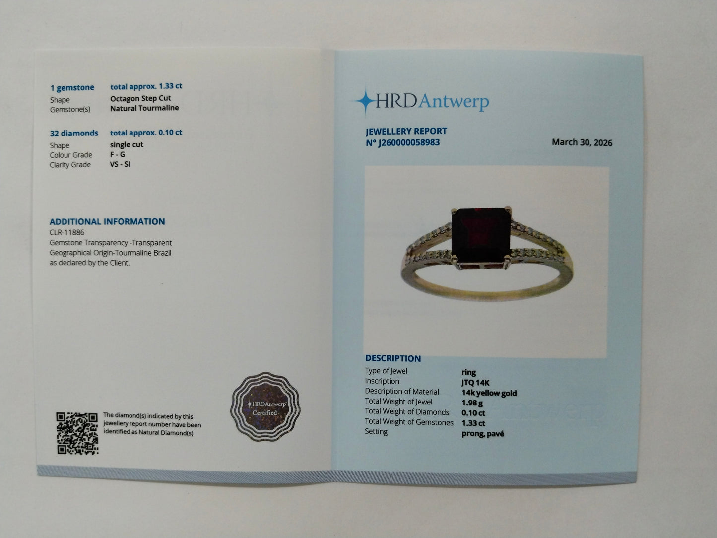 1.43 Ct Octagon Step Cut Natural Tourmaline 14K Gold Ring