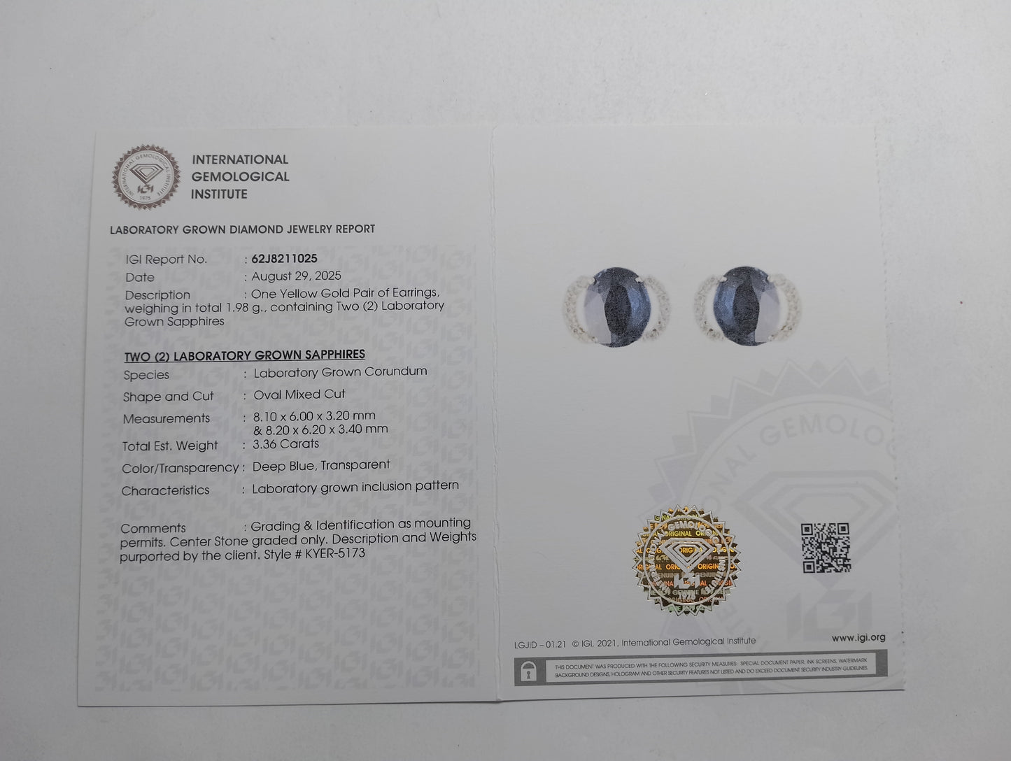 3.46 Ct Oval Mixed Cut Lab Grown Sapphire 14K Gold Earrings