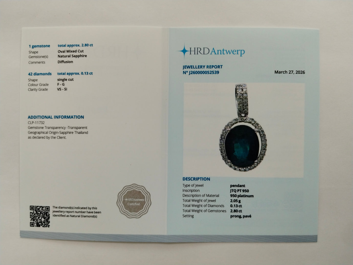 2.93 Ct Oval Mixed Cut Natural Sapphire 950 Platinum Pendant