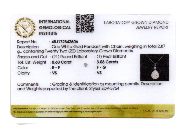 3.68 Carats Lab Grown Diamond 14K Gold Pendant