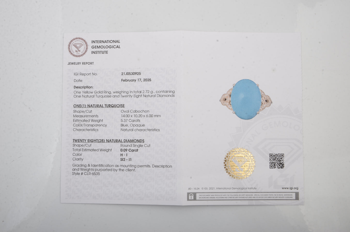 5.46 Carats Natural Turquoise 14K Gold Ring