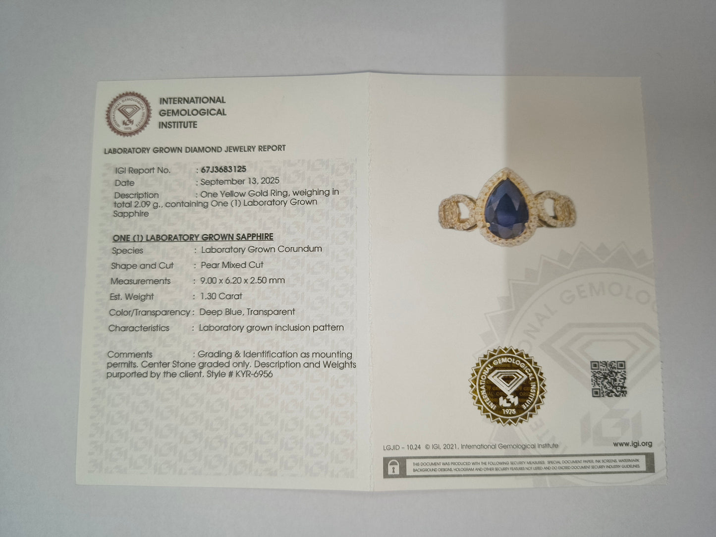 1.53 Ct Pear Mixed Cut Lab Grown Sapphire 14K Gold Ring