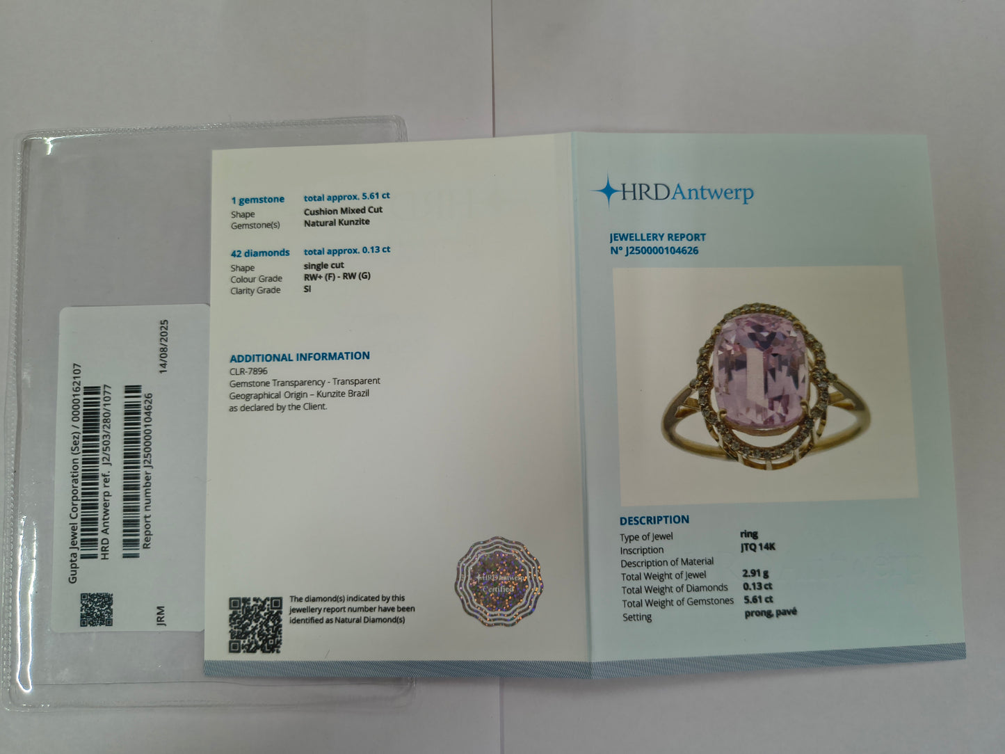 5.74 Ct Cushion Mixed Cut Natural Kunzite 14K Gold Ring