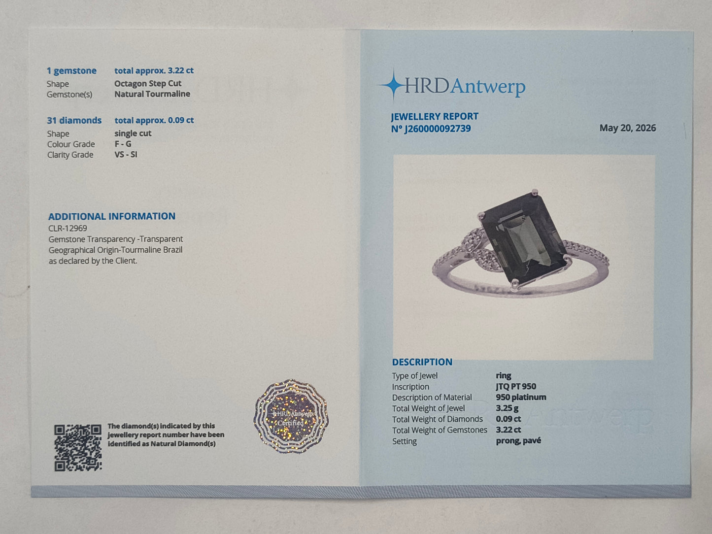 3.31 Ct Octagon Tourmaline 950 Platinum Ring