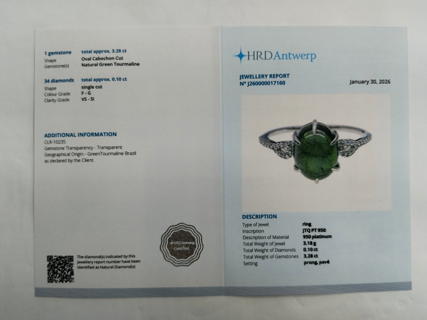 3.38 Ct Oval Cabochon Cut Natural Green Tourmaline 950 Platinum Ring