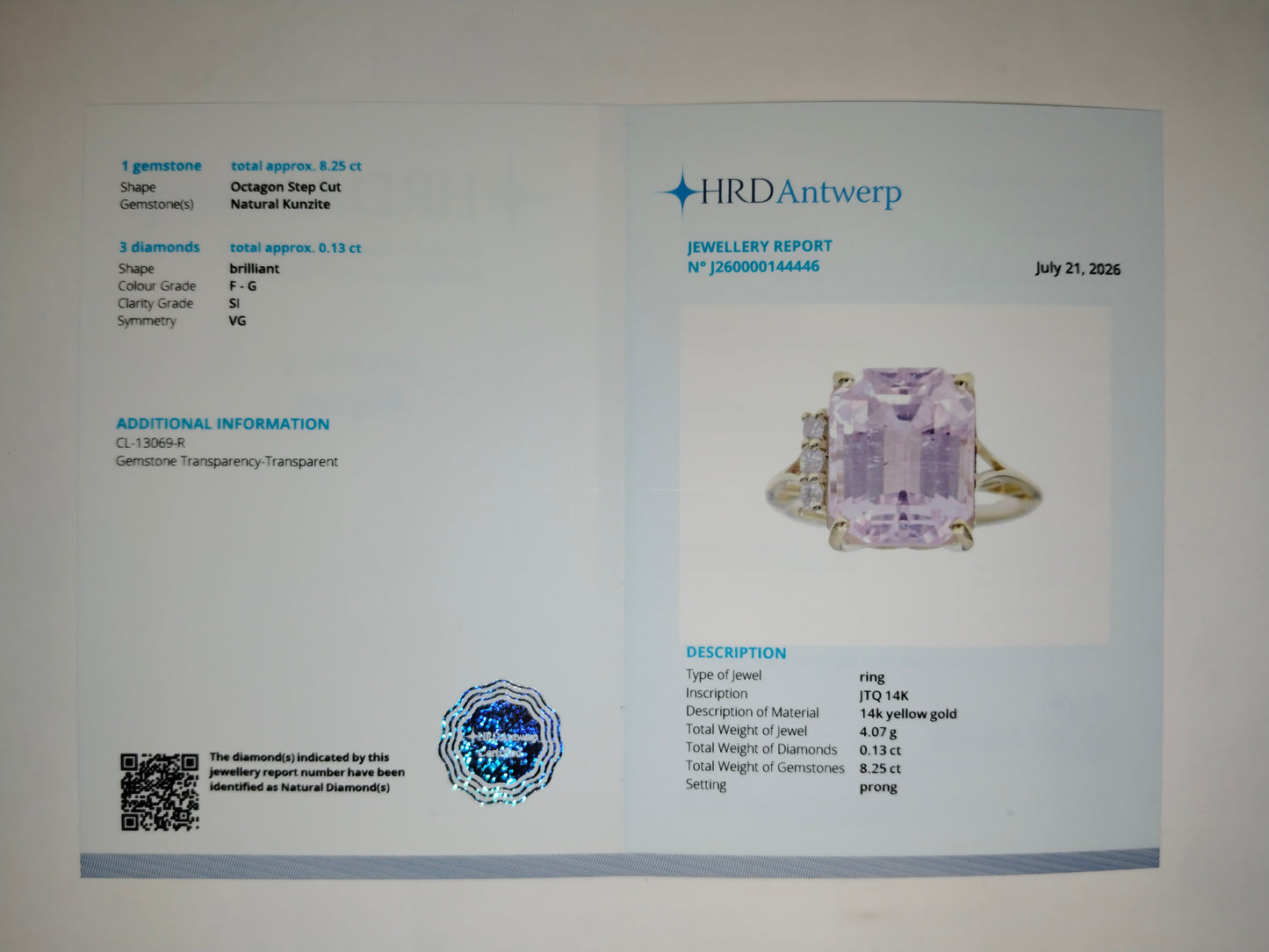 8.38 Ct Octagon Step Cut Natural Kunzite 14K Gold Ring