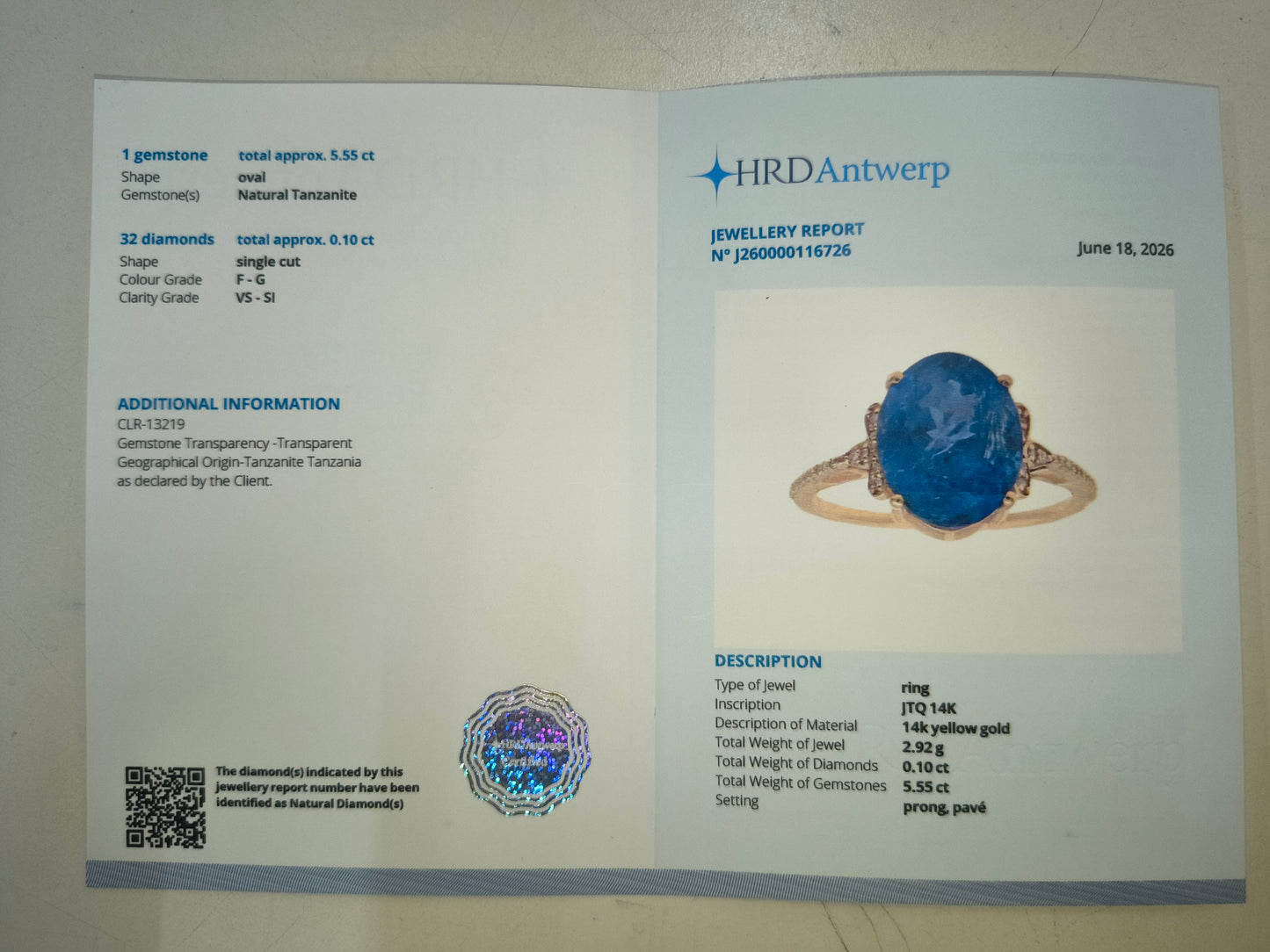 5.65 Ct Oval Natural Tanzanite 14K Gold Ring