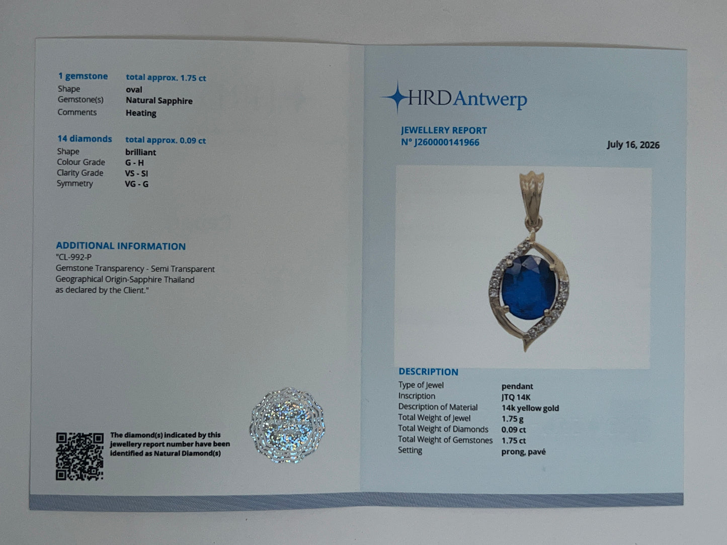 1.84 Ct Oval Natural Sapphire 14K Gold Pendant