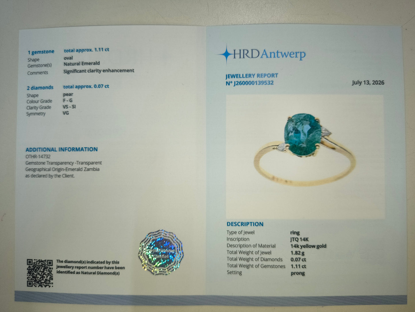 1.18 Ct Oval Natural Emerald 14K Gold Ring