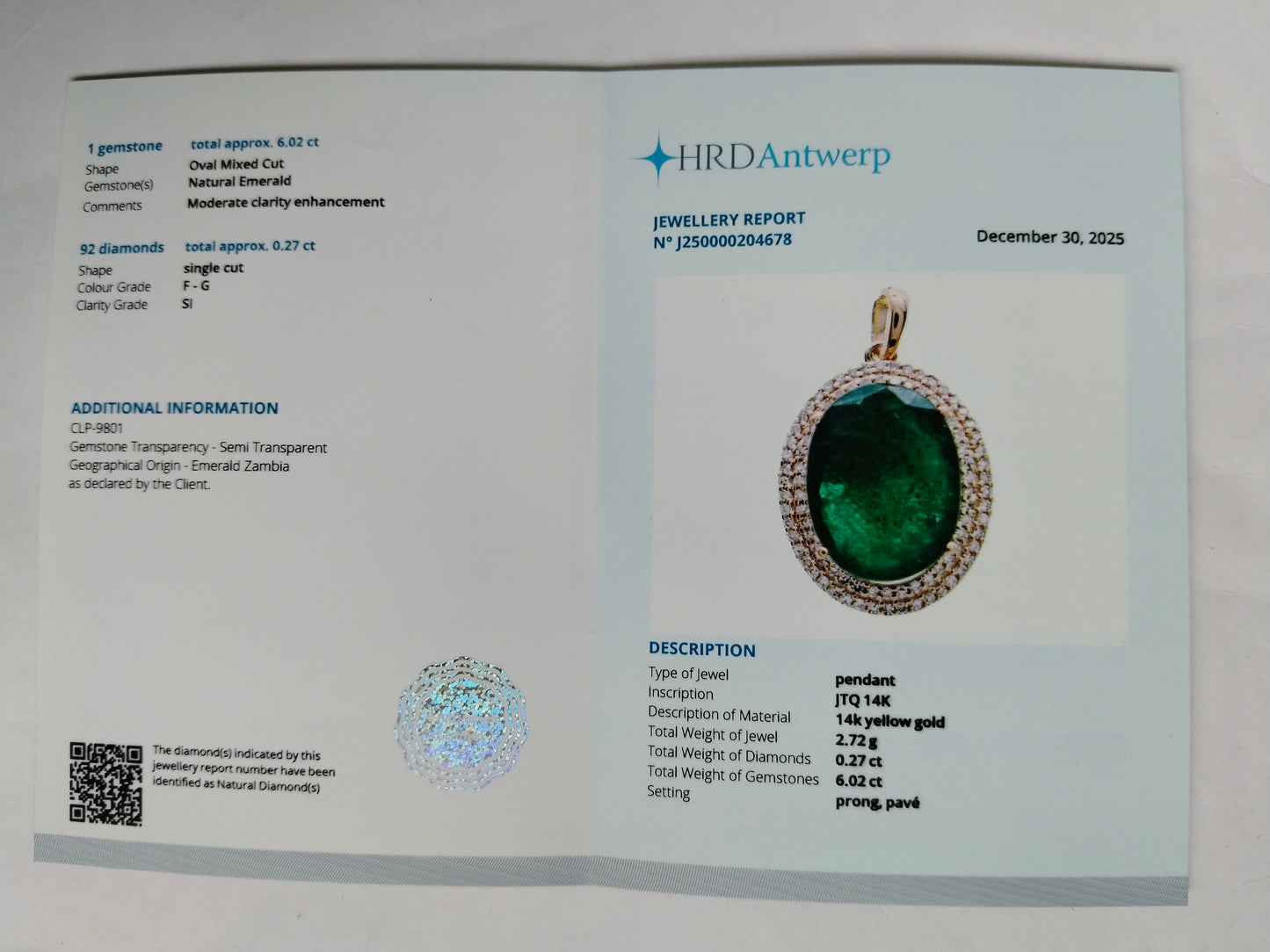 6.29 Ct Oval Mixed Cut Natural Emerald 14K Gold Pendant