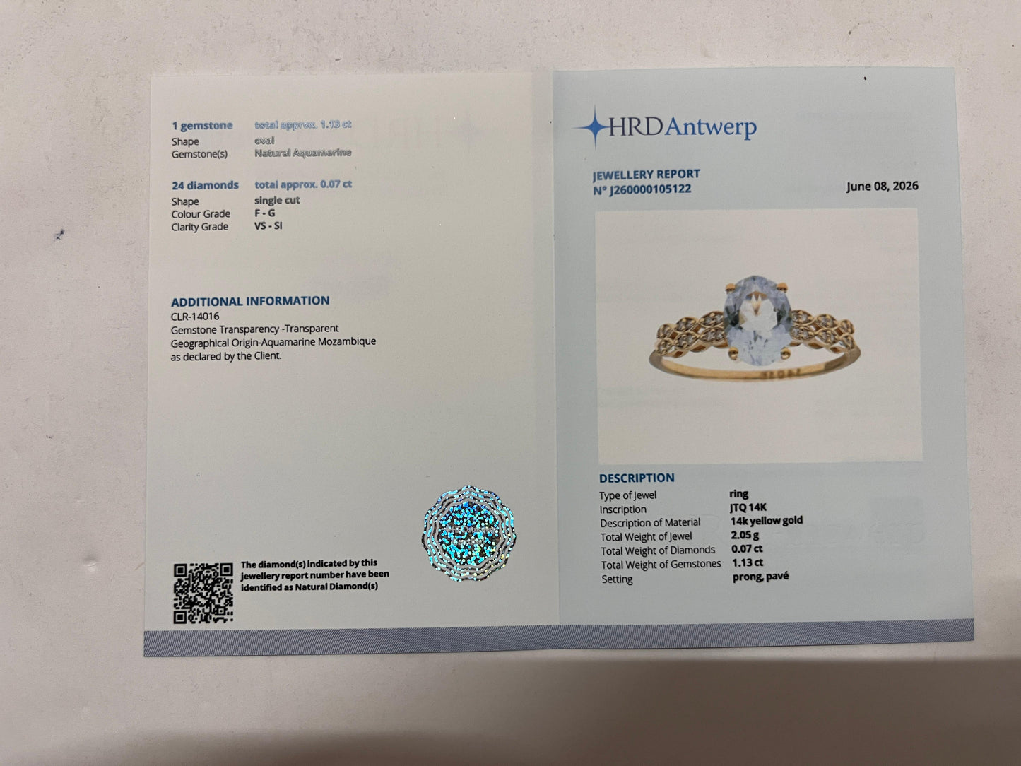 1.20 Ct Oval Mixed Cut Natural Aquamarine 14K Gold Ring