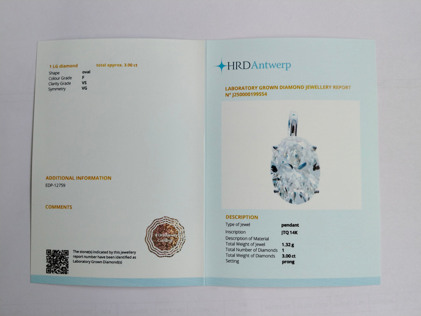 3.00 Carats Lab Grown Diamond 14K Gold Pendant