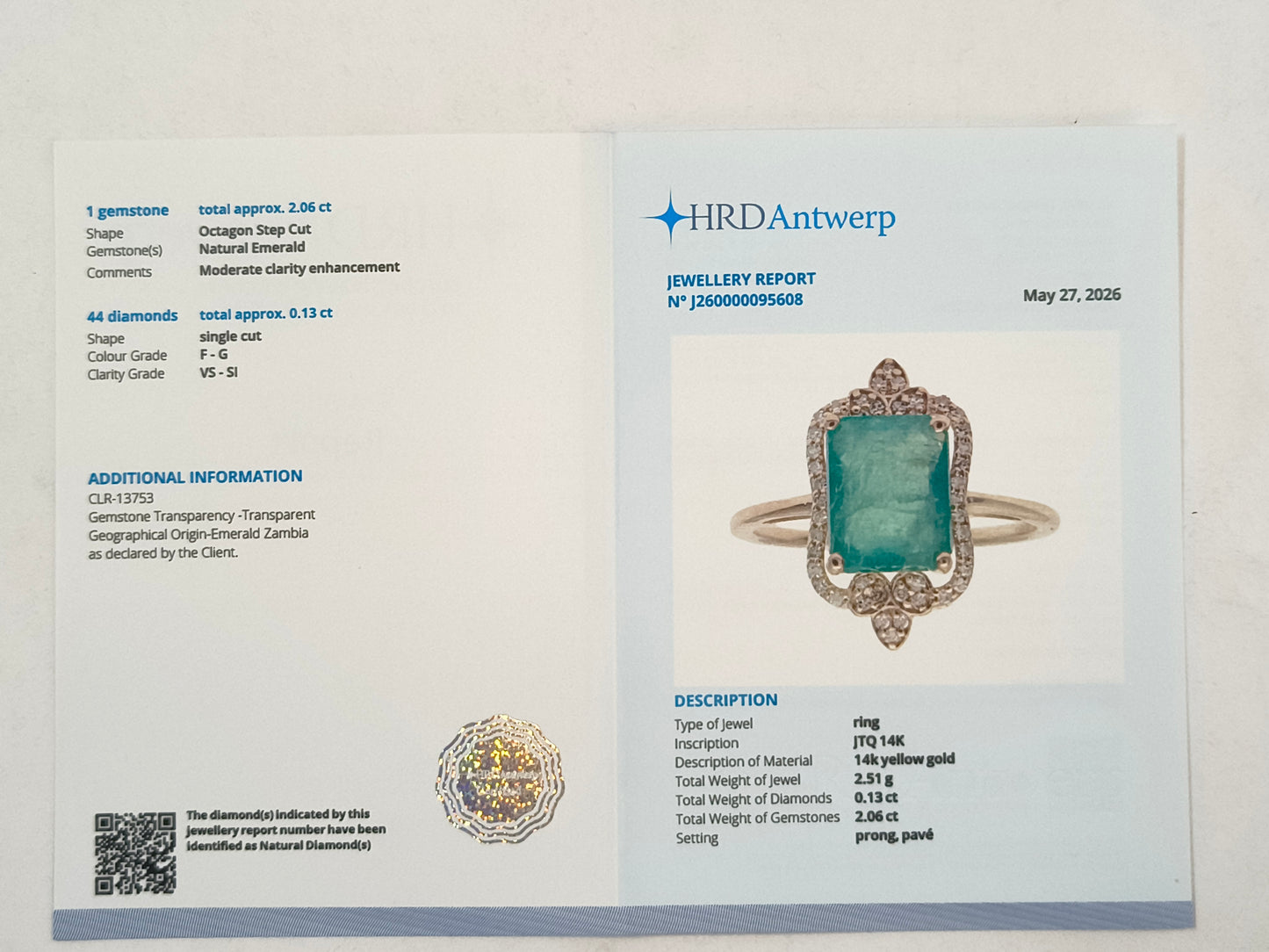 2.19 Ct Octagon Step Cut Natural Emerald 14K Gold Ring