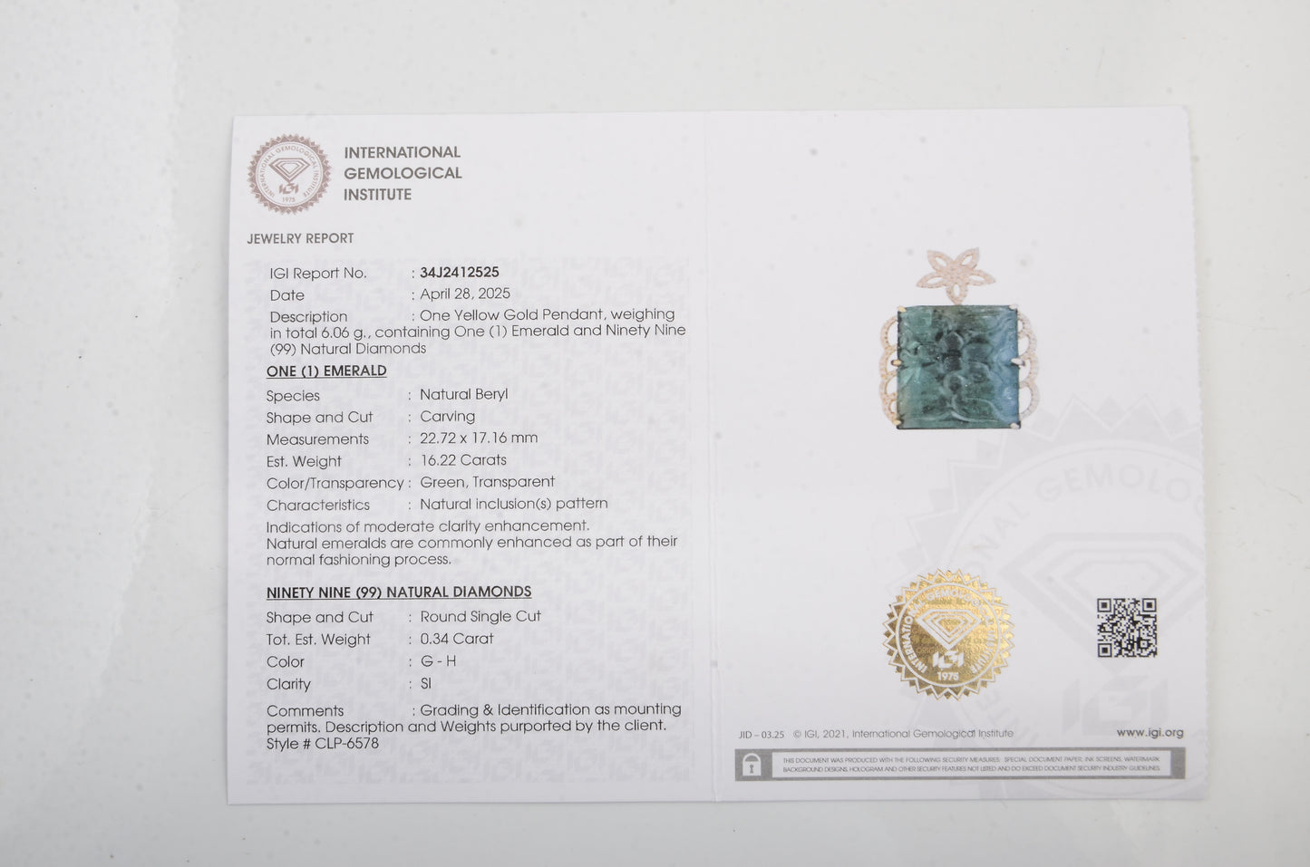 16.56 Ct Fancy Carving Natural Beryl Emerald 14K Gold Pendant