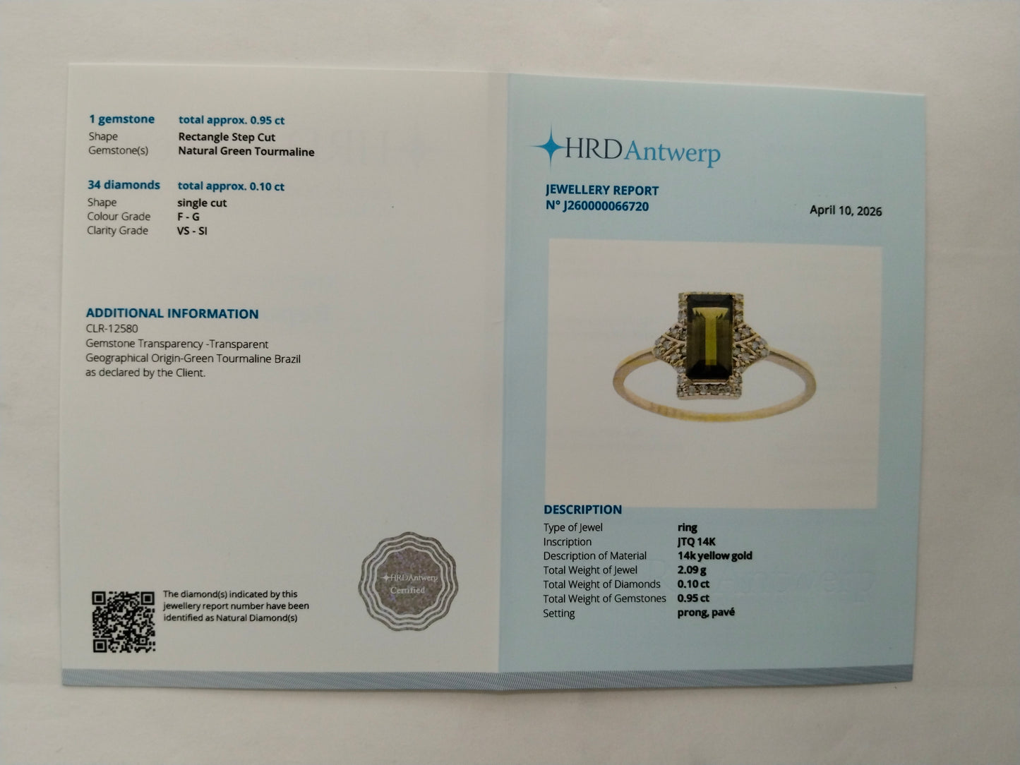 1.05 Ct Rectangle Step Cut Natural Green Tourmaline 14K Gold Ring