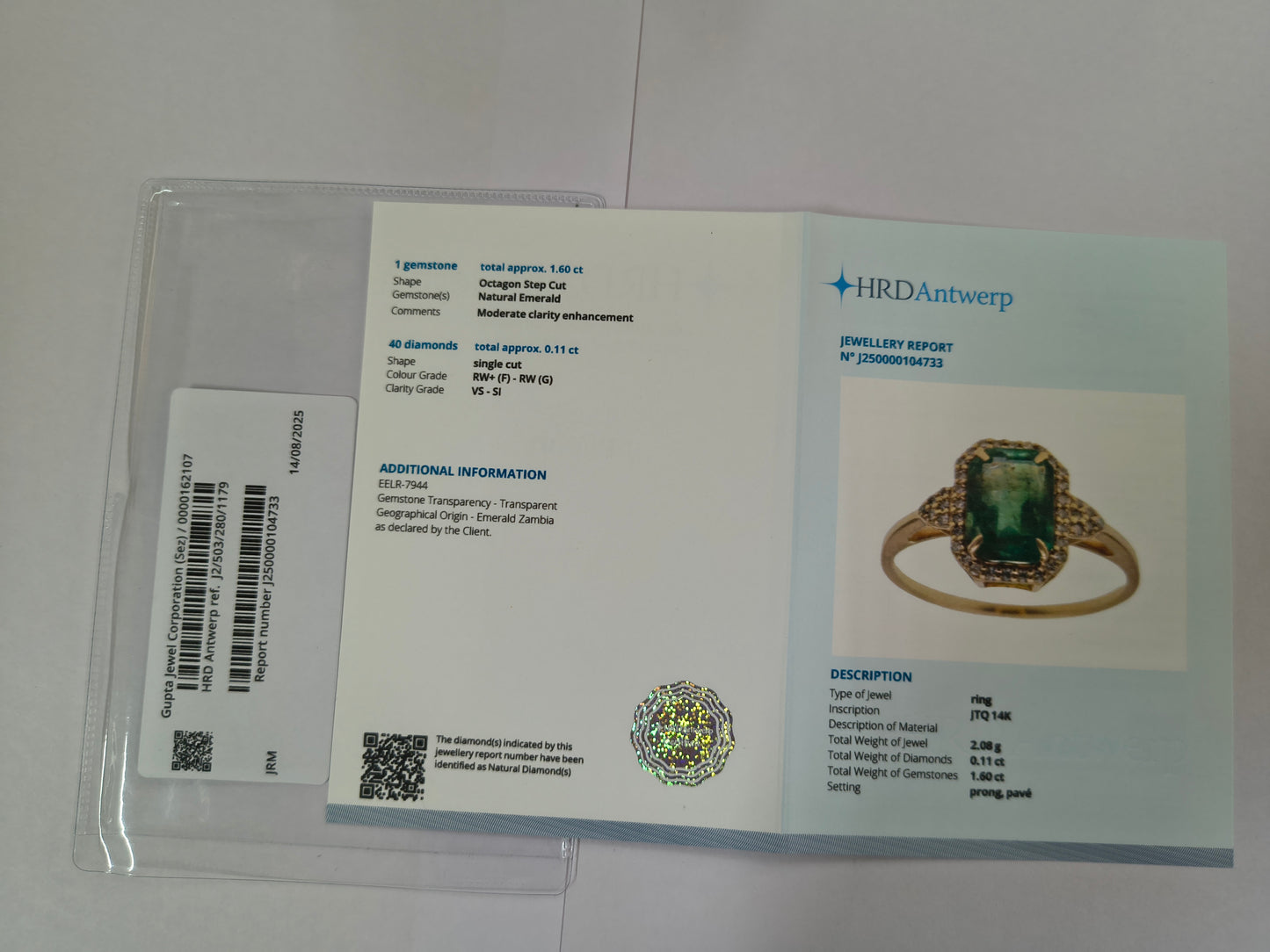 1.71 Ct Octagon Step Cut Natural Emerald 14K Gold Ring