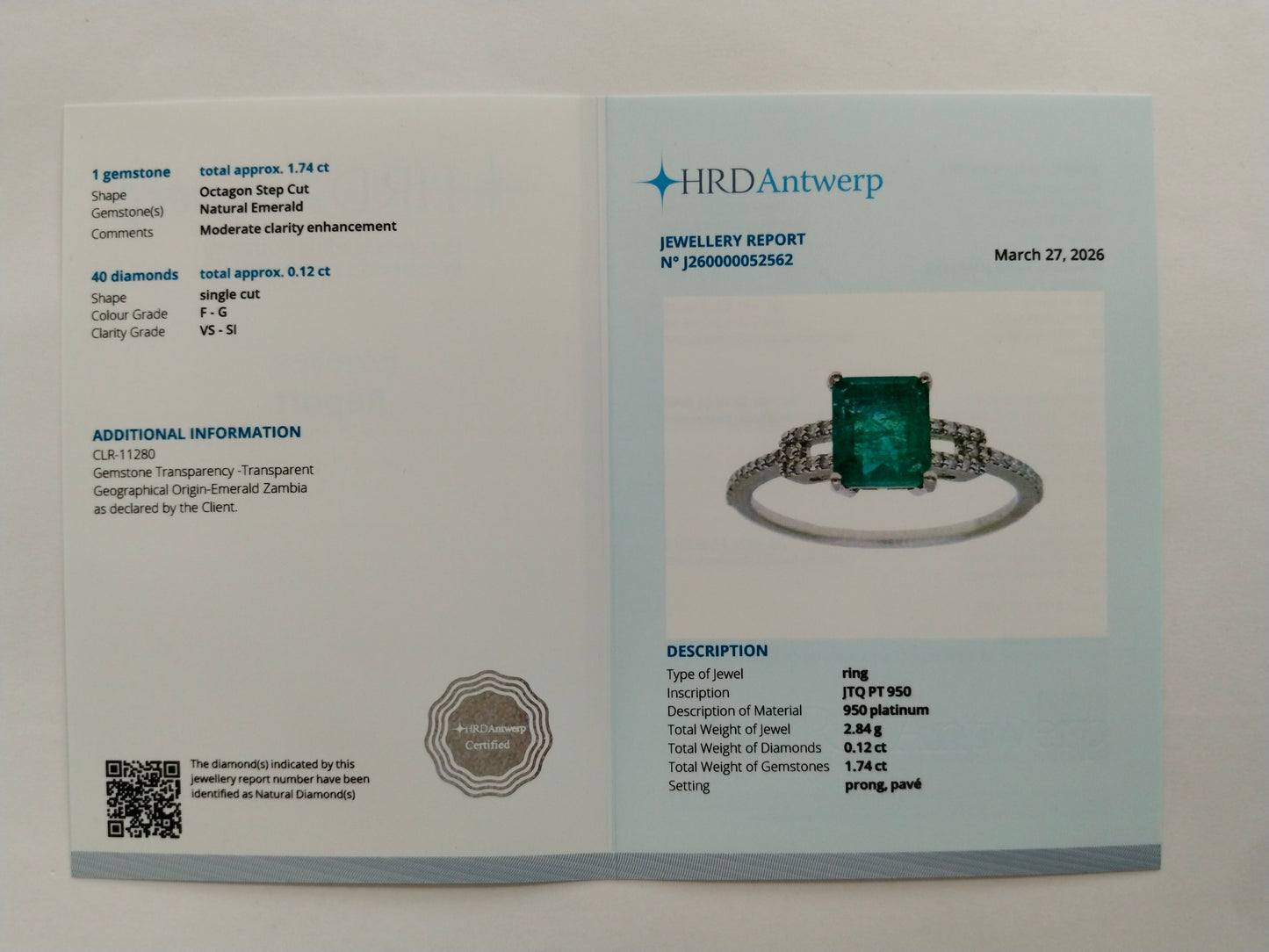 1.86 Ct Octagon Step Cut Natural Emerald 950 Platinum Ring