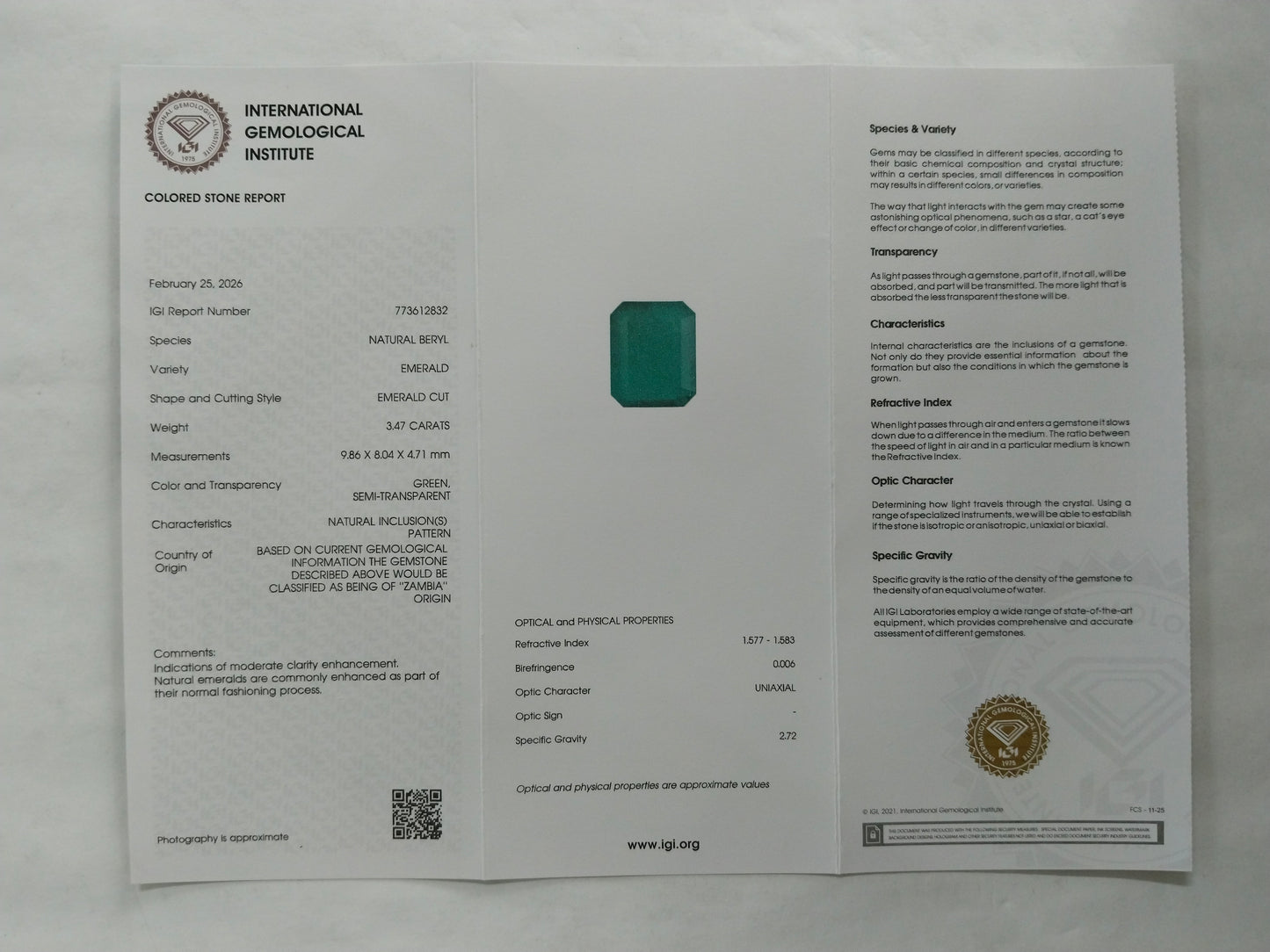 3.47 Natural Beryl Emerald Emerald Cut Gemstone