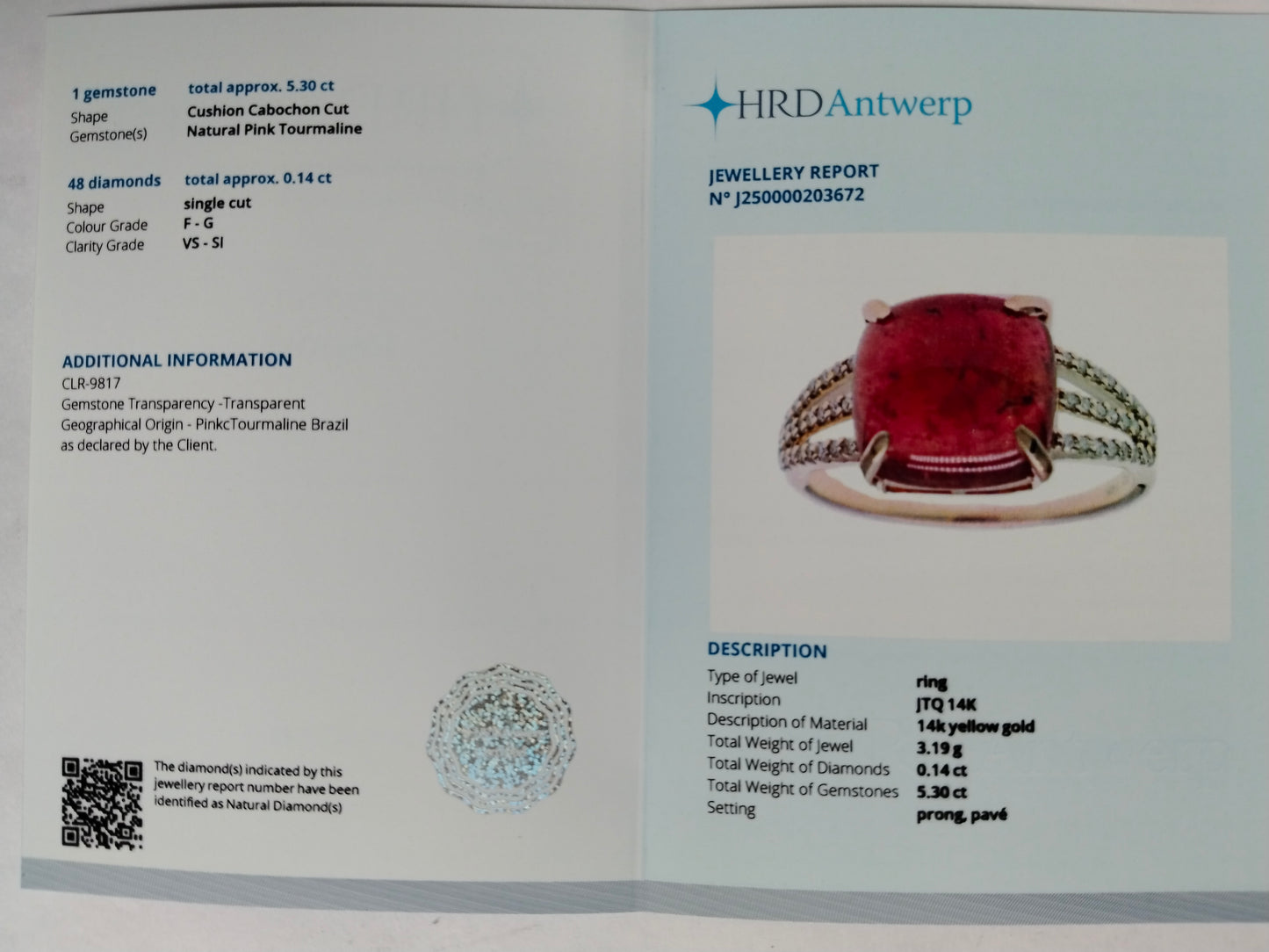 5.44 Ct Cushion Cabochon Cut Natural Pink Tourmaline 14K Gold Ring