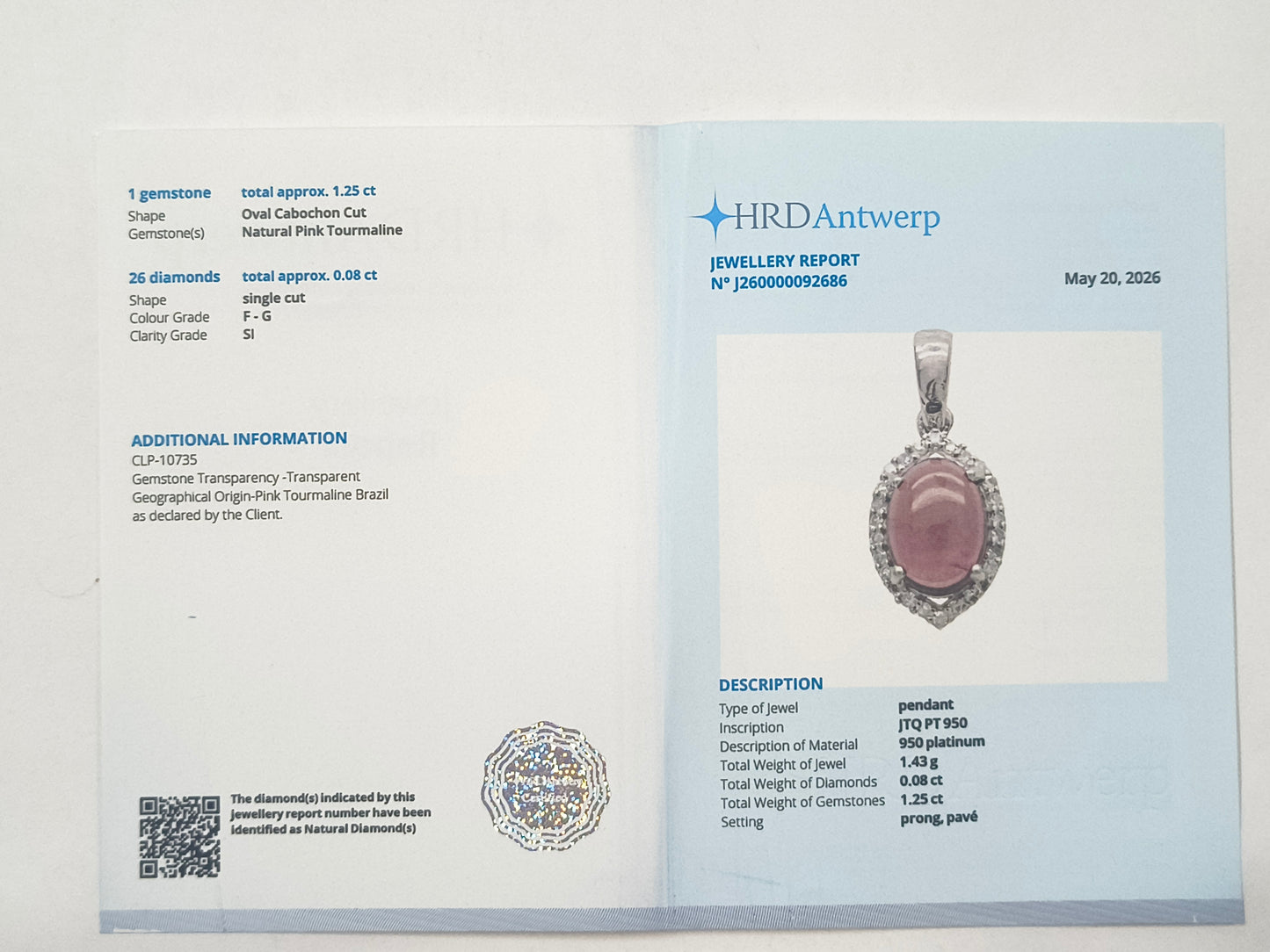 1.33 Ct Oval Tourmaline 950 Platinum Pendant