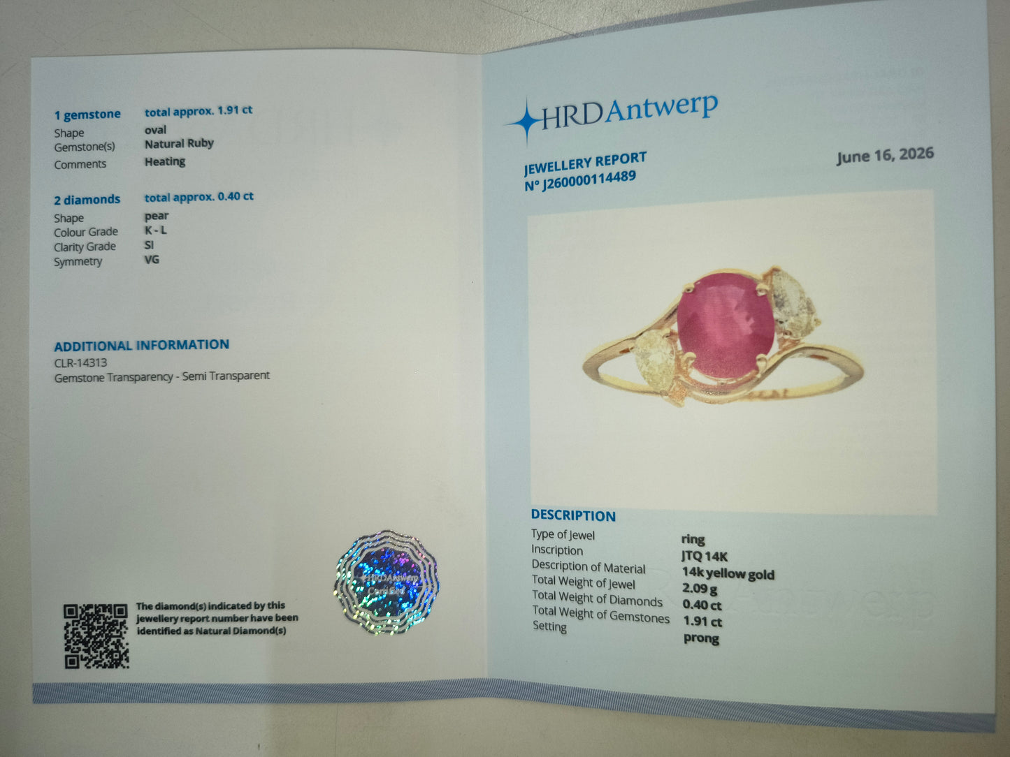 2.31 Ct Oval Natural Ruby 14K Gold Ring