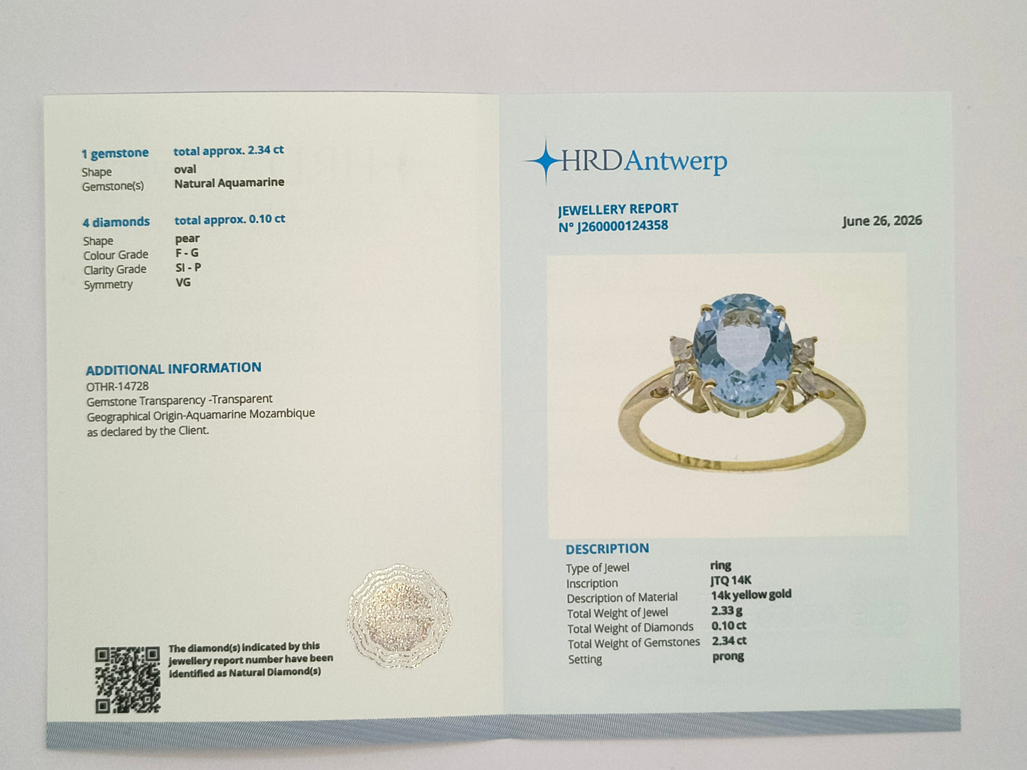 2.44 Ct Oval Natural Aquamarine 14K Gold Ring