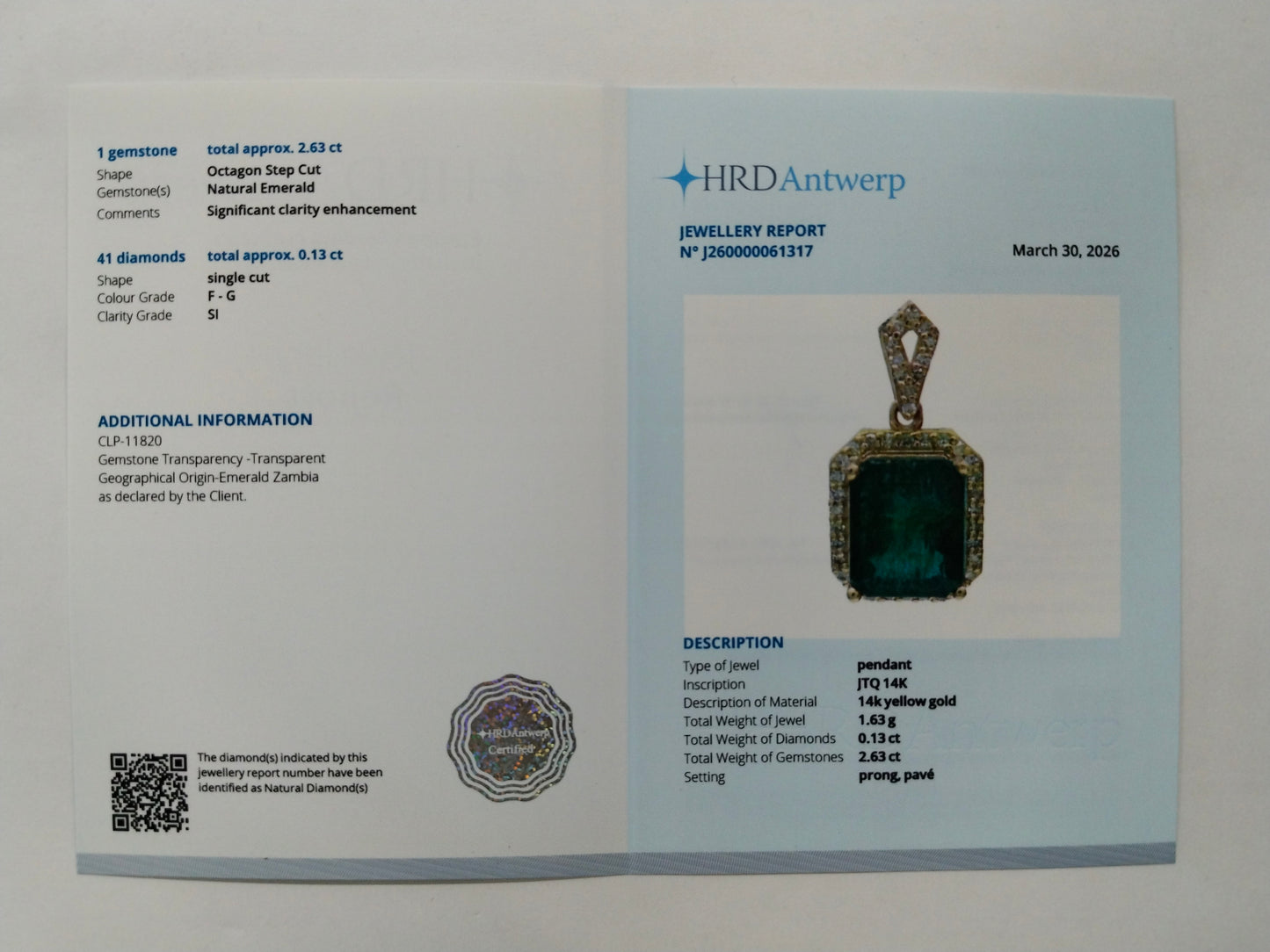 2.76 Ct Octagon Step Cut Natural Emerald 14K Gold Pendant